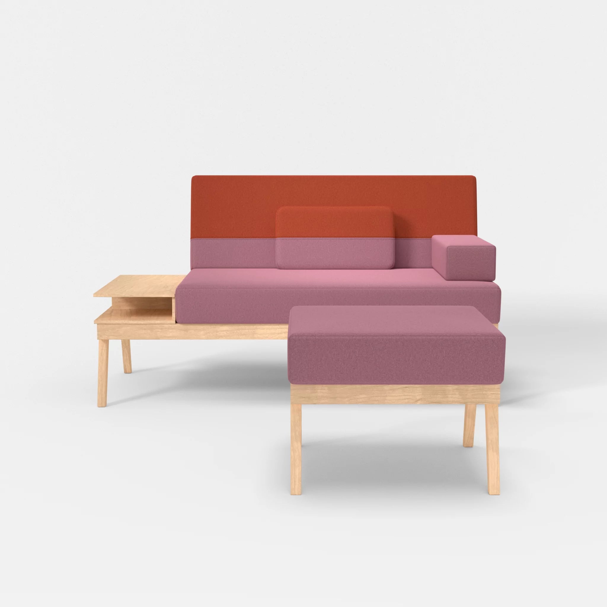 2er Sitzsofa Bauz mit Ablage links und Pouf dama0084-dama0062 in Rosa und Orange von vorne