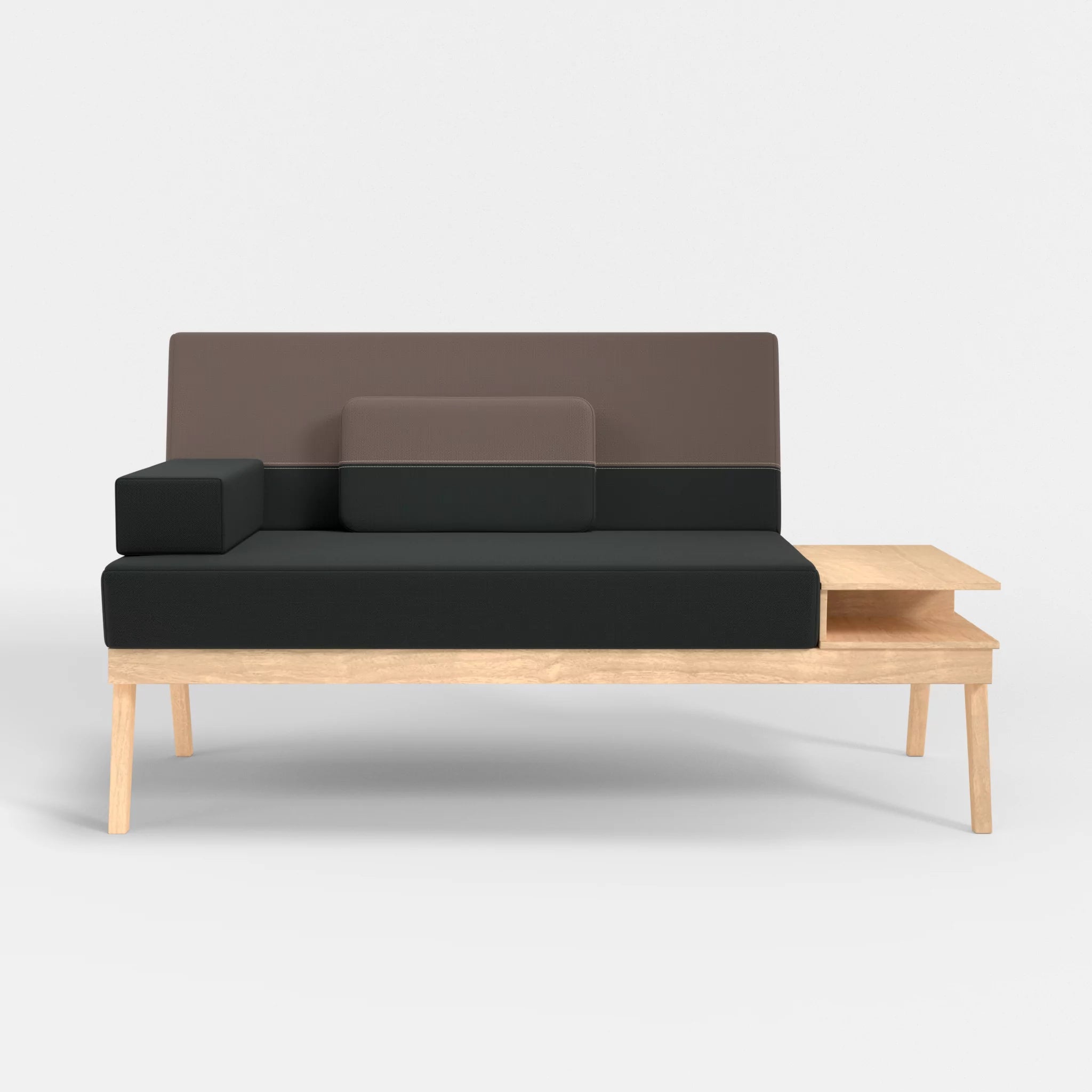 2er Sitzsofa Bauz mit Ablage rechts credoblack-credowalnut in Schwarz und Dunkelgrau von vorne
