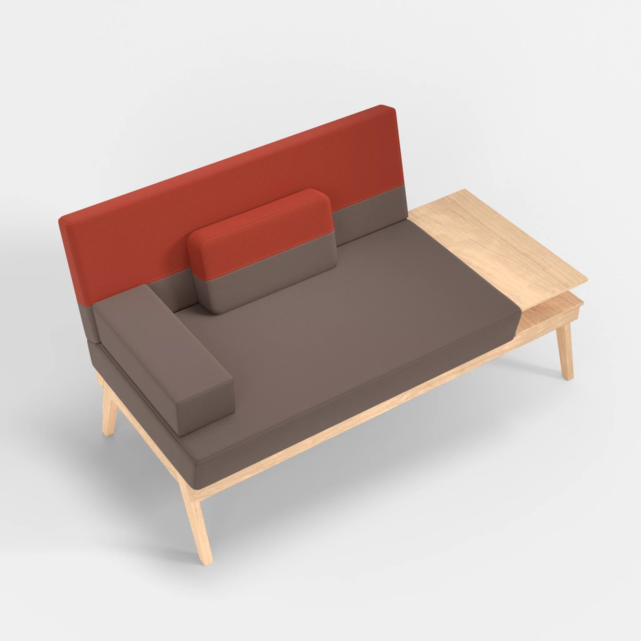 2er Sitzsofa Bauz mit Ablage rechts credowalnut-credolampion in Dunkelgrau und Rot von oben