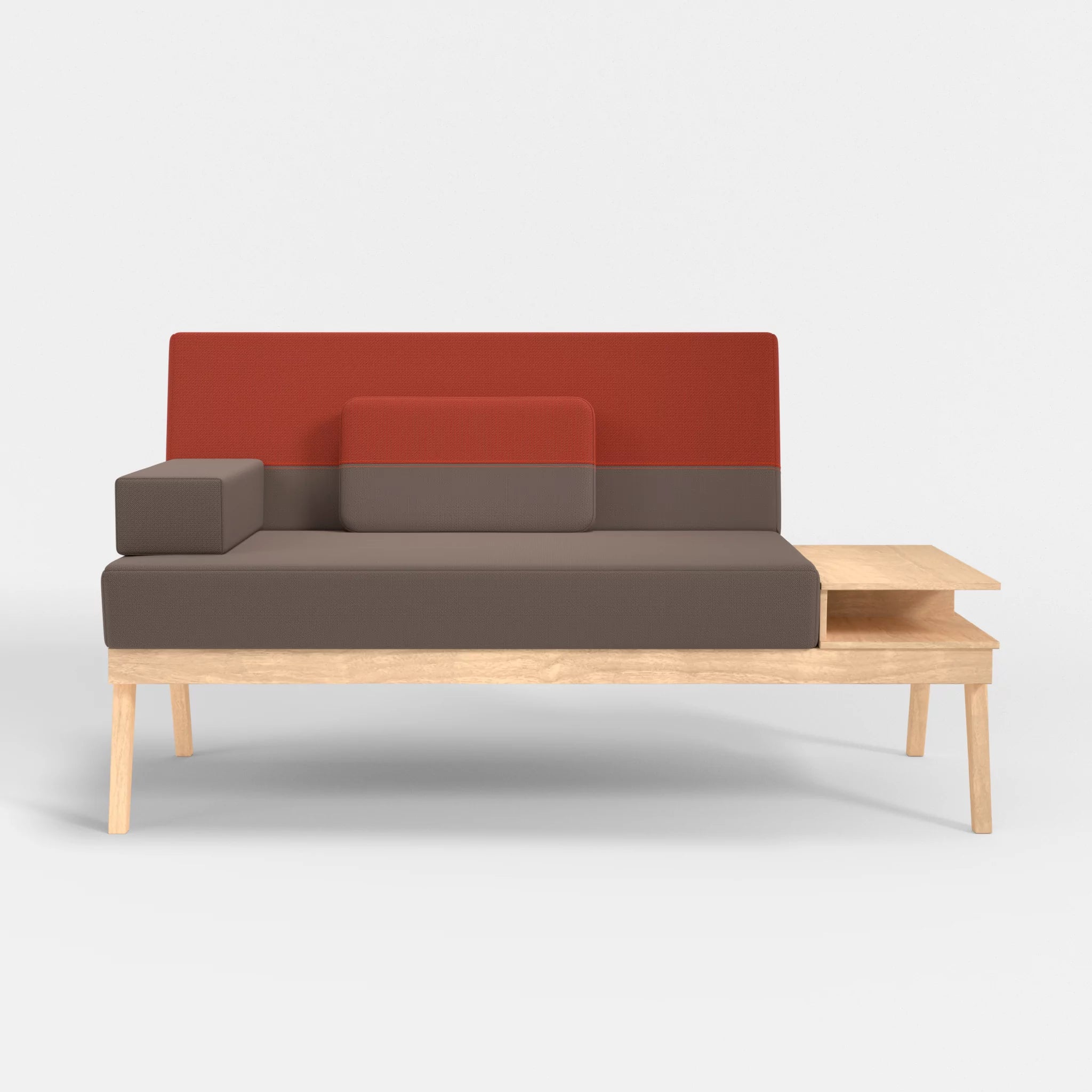 2er Sitzsofa Bauz mit Ablage rechts credowalnut-credolampion in Dunkelgrau und Rot von vorne