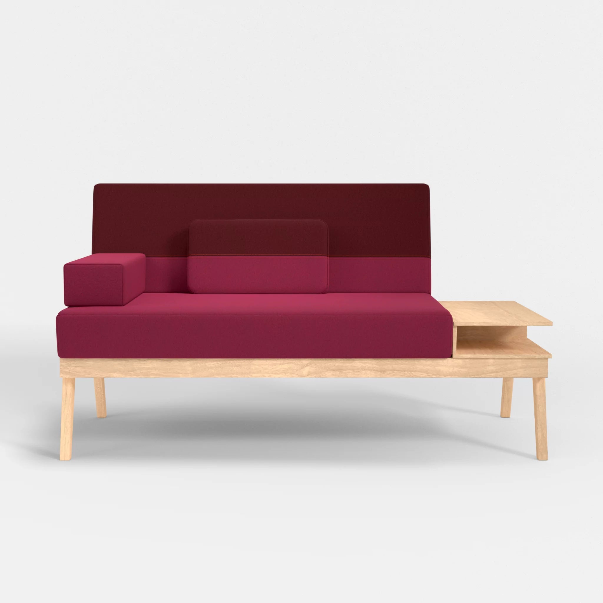 2er Sitzsofa Bauz mit Ablage rechts dama0034-dama0050 in Bordeaux und Fuchsia von vorne