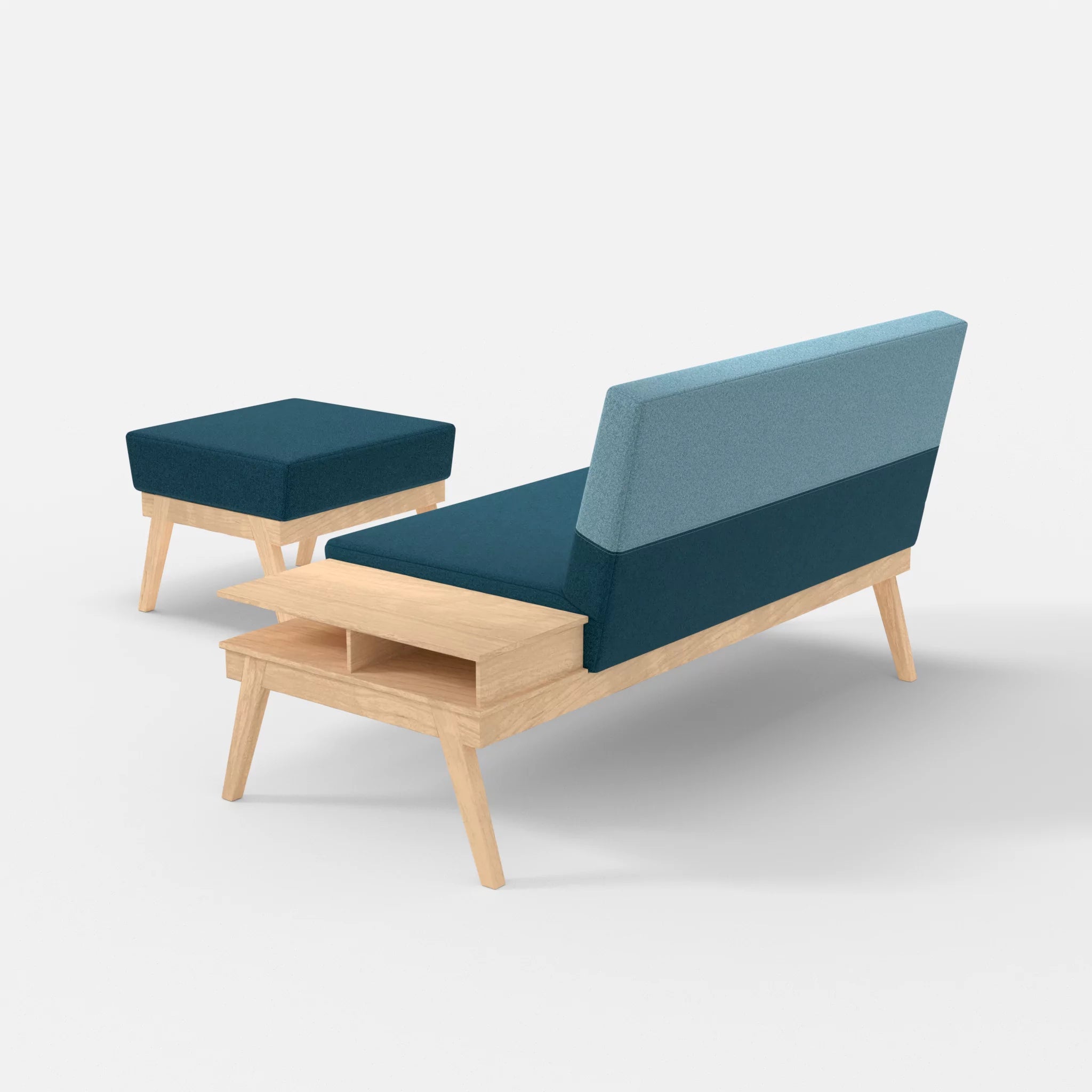 2er Sitzsofa Bauz mit Ablage rechts und Pouf celia0203-celia0209 in Blau und Türkis von hinten