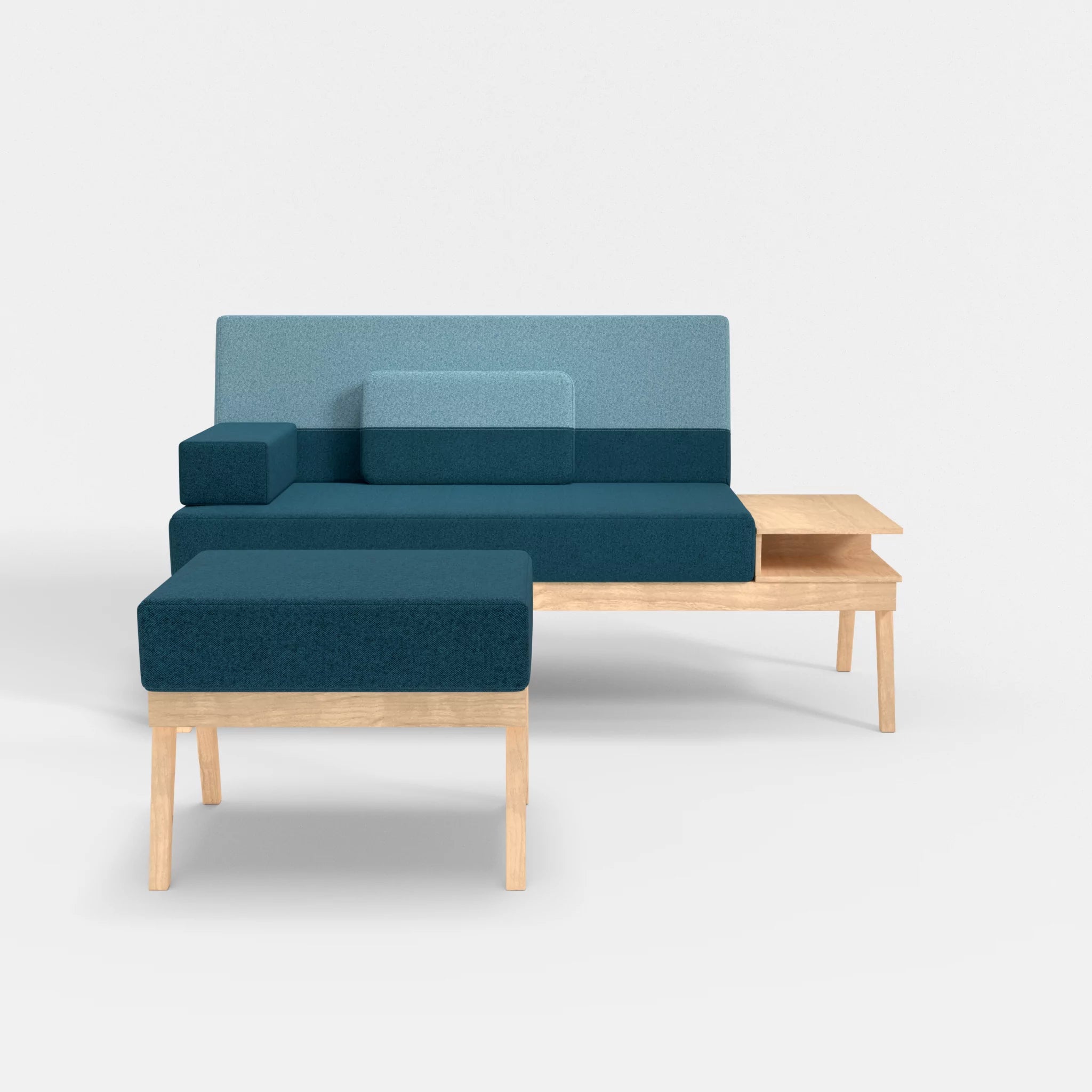 2er Sitzsofa Bauz mit Ablage rechts und Pouf celia0203-celia0209 in Blau und Türkis von vorne