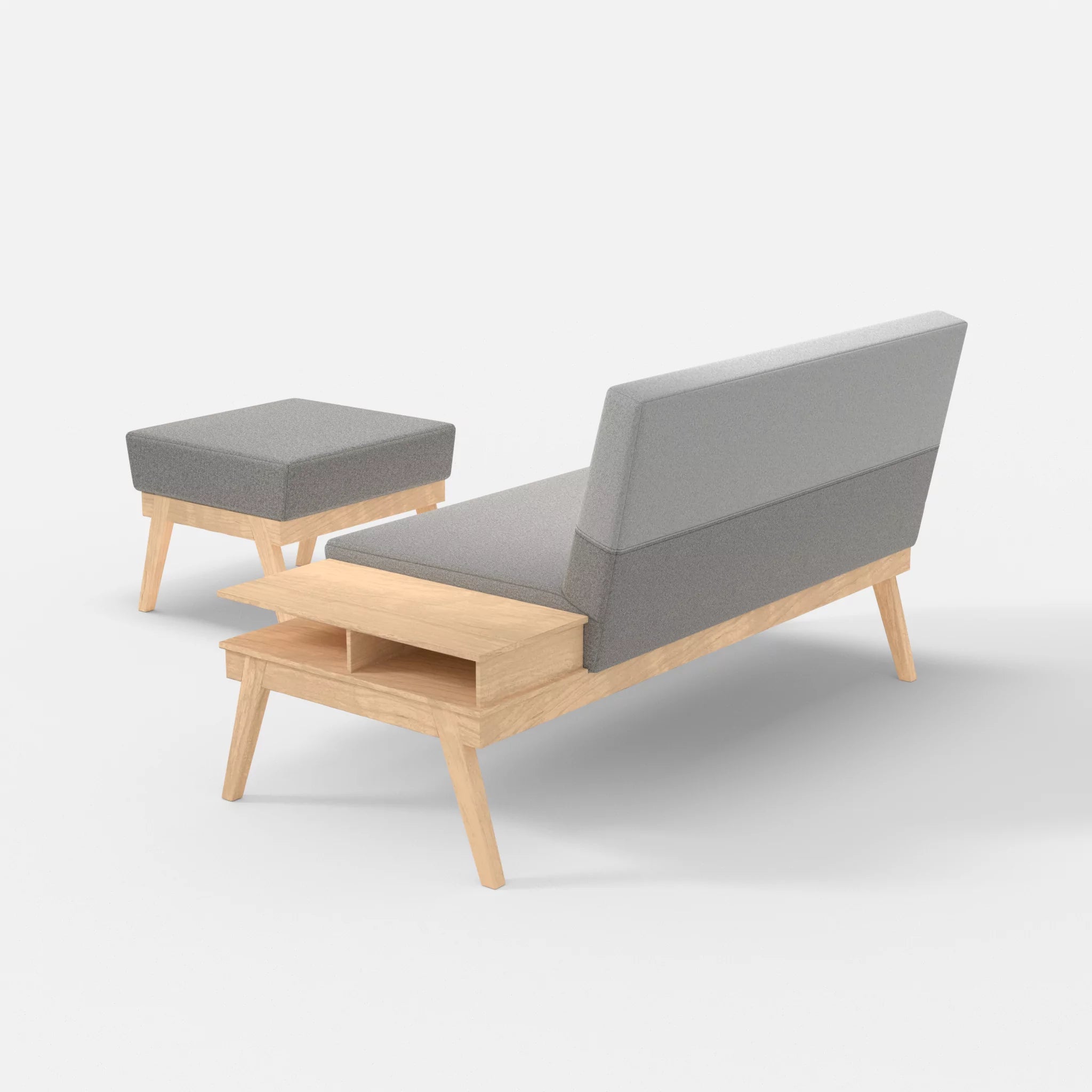 2er Sitzsofa Bauz mit Ablage rechts und Pouf celia0208-celia0204 in Mittelgrau und Hellgrau von hinten