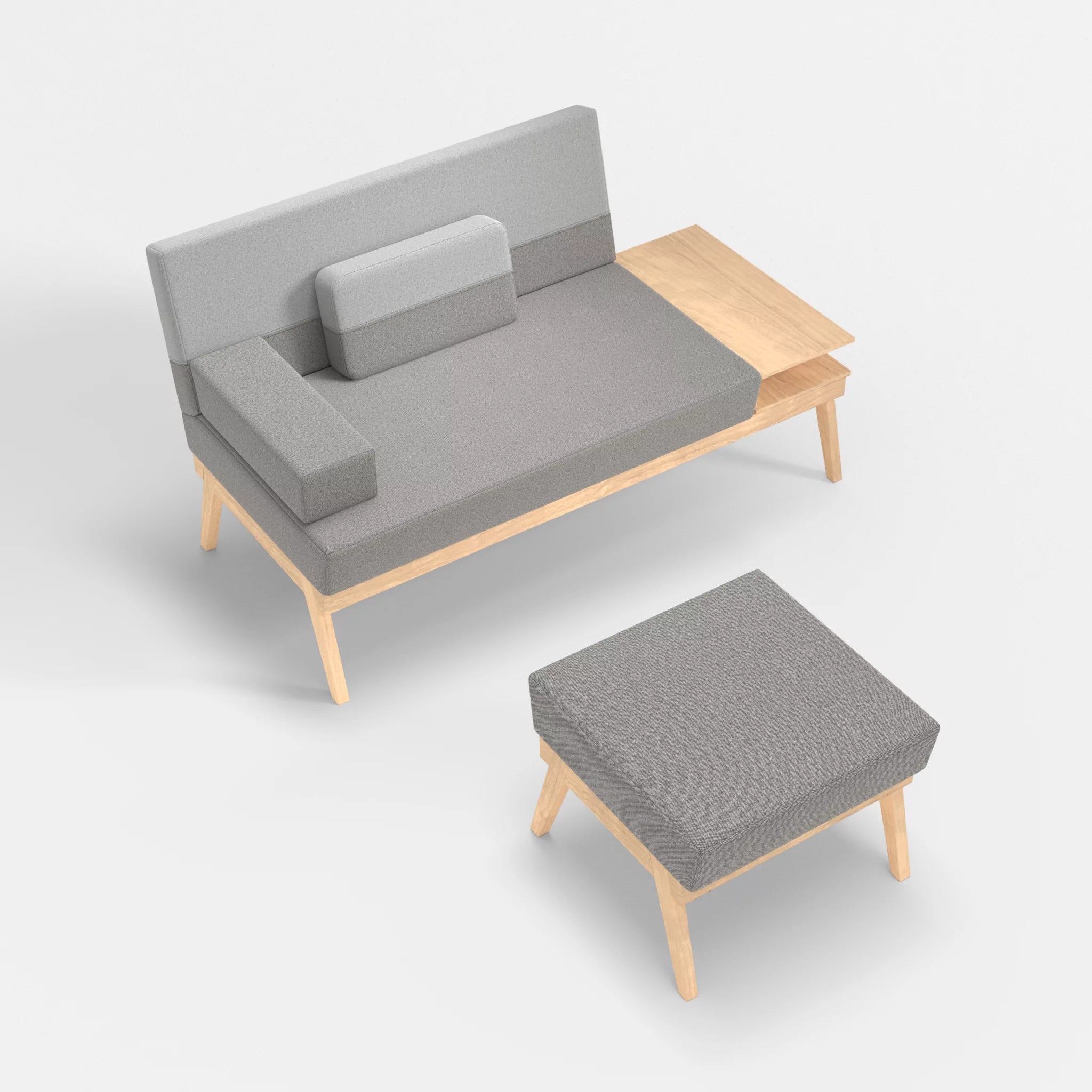 2er Sitzsofa Bauz mit Ablage rechts und Pouf celia0208-celia0204 in Mittelgrau und Hellgrau von oben
