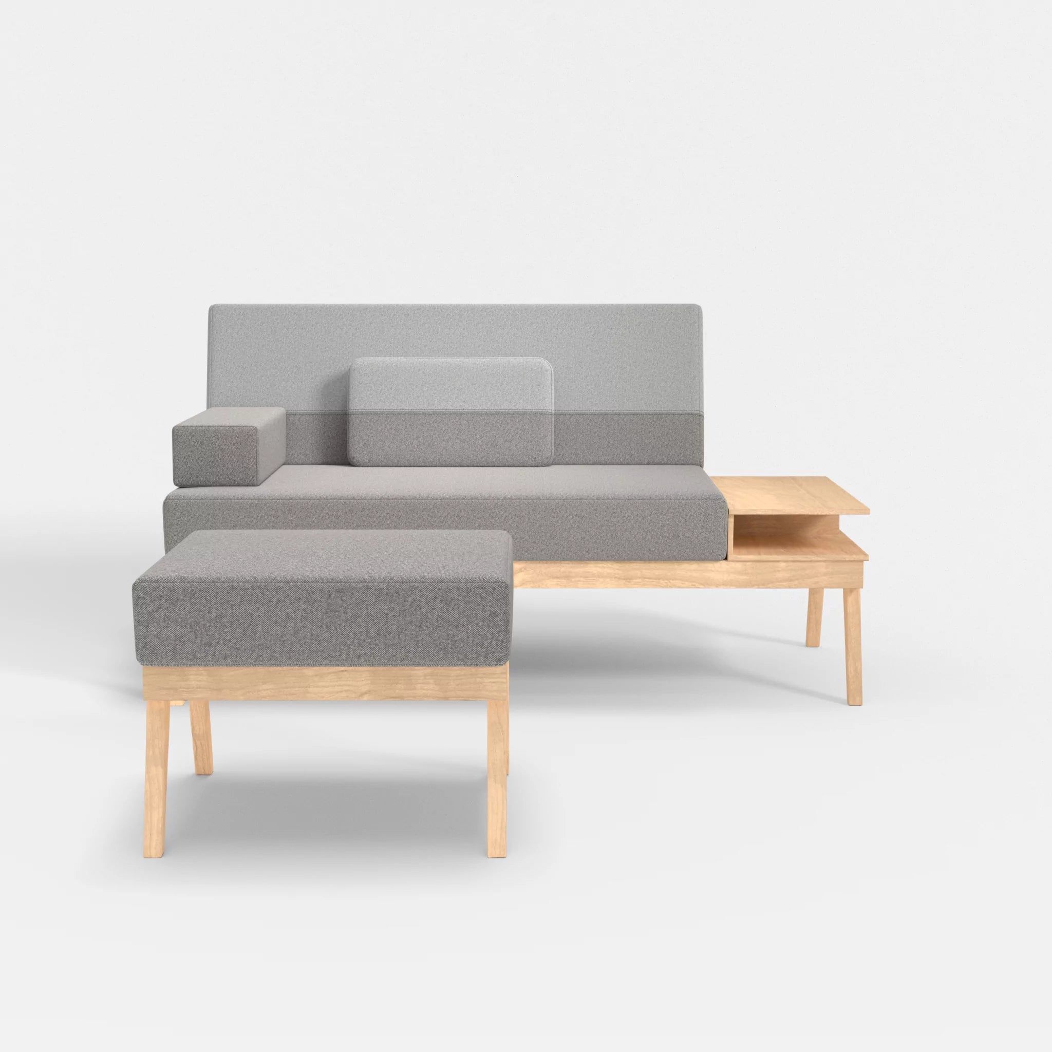 2er Sitzsofa Bauz mit Ablage rechts und Pouf celia0208-celia0204 in Mittelgrau und Hellgrau von vorne