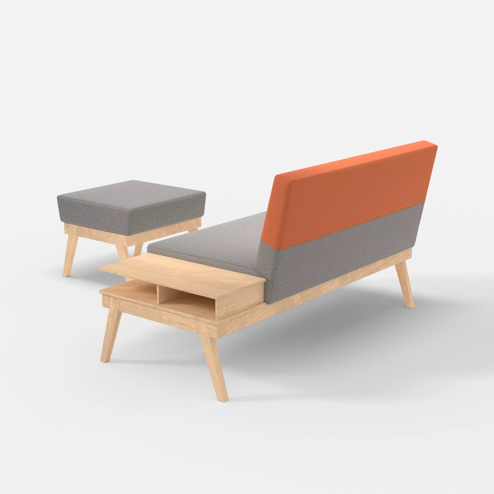 2er Sitzsofa Bauz mit Ablage rechts und Pouf celia0208-celia0215 in Mittelgrau und Orange von hinten
