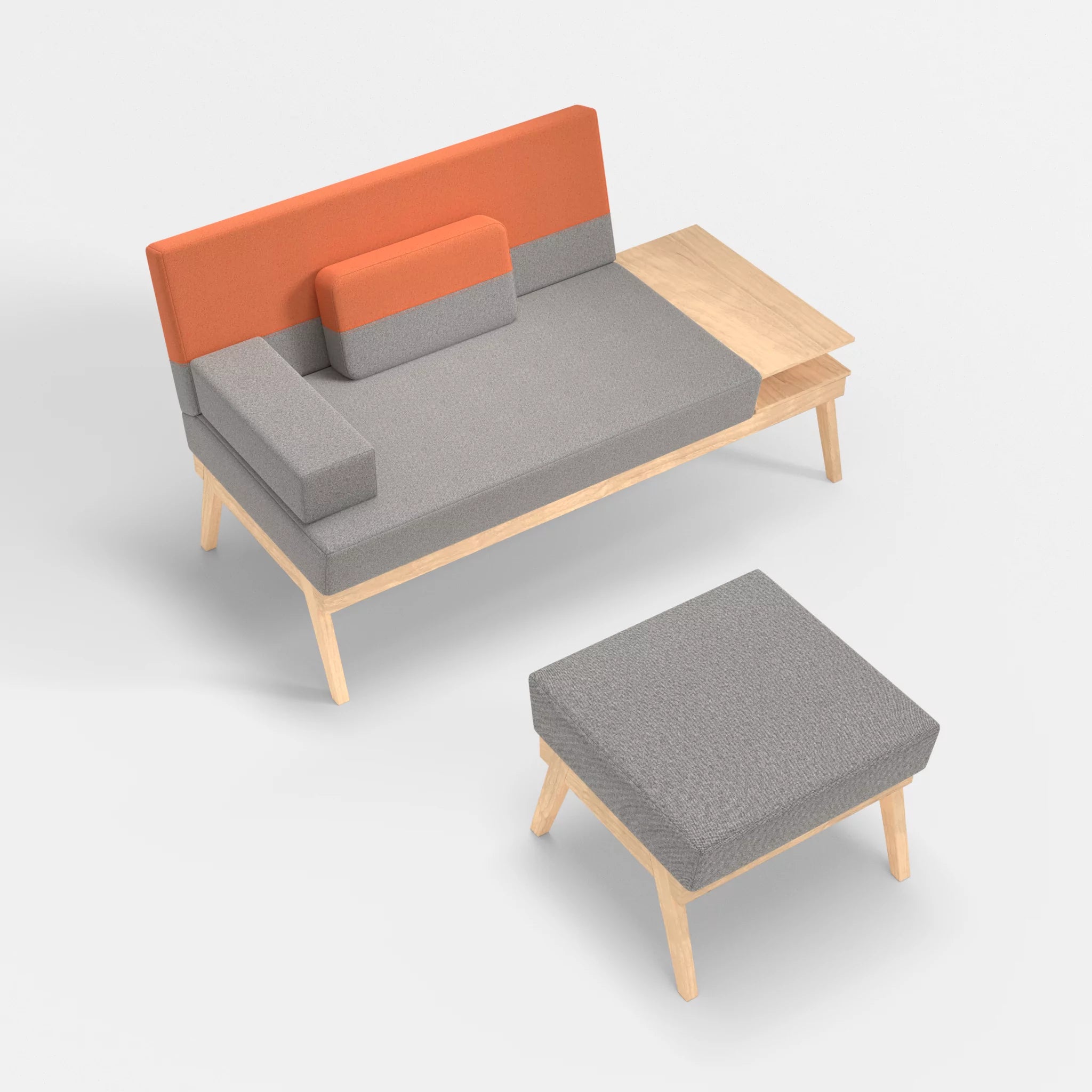 2er Sitzsofa Bauz mit Ablage rechts und Pouf celia0208-celia0215 in Mittelgrau und Orange von oben