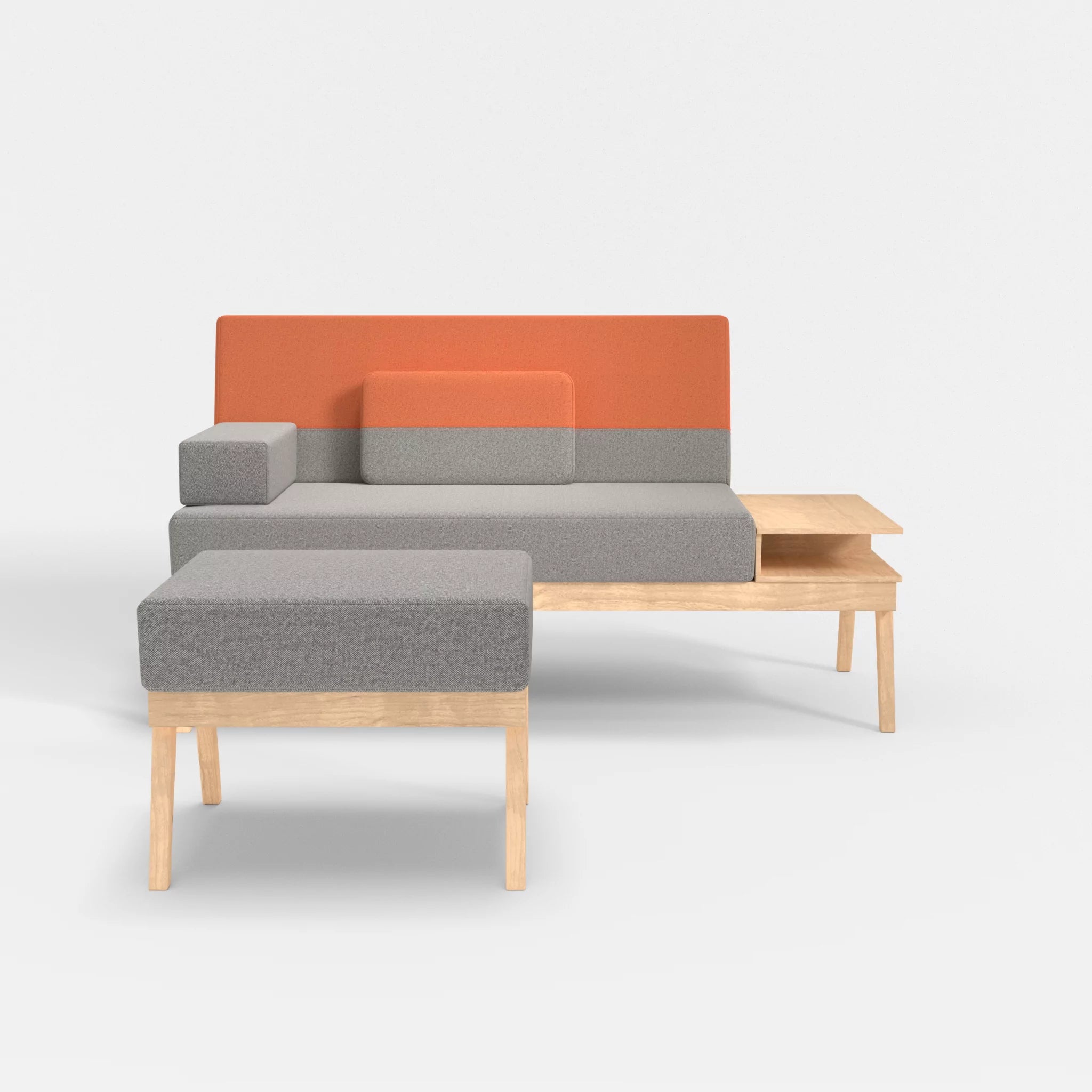 2er Sitzsofa Bauz mit Ablage rechts und Pouf celia0208-celia0215 in Mittelgrau und Orange von vorne