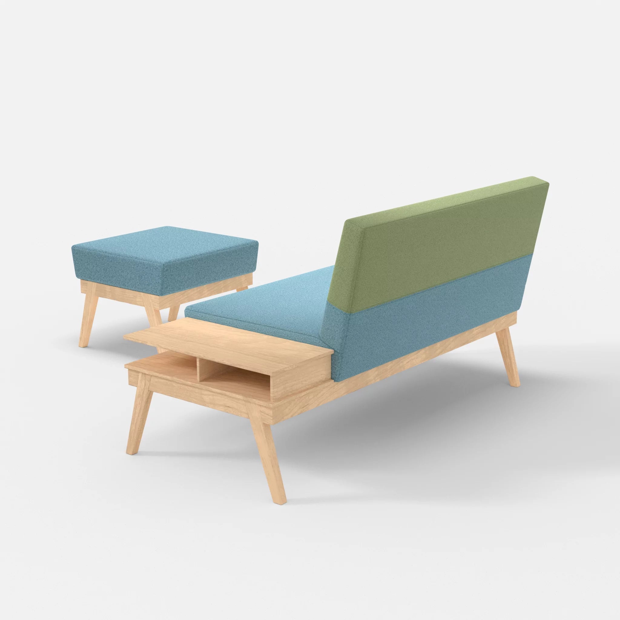 2er Sitzsofa Bauz mit Ablage rechts und Pouf celia0209-celia0213 in Türkis und Hellgrün von hinten