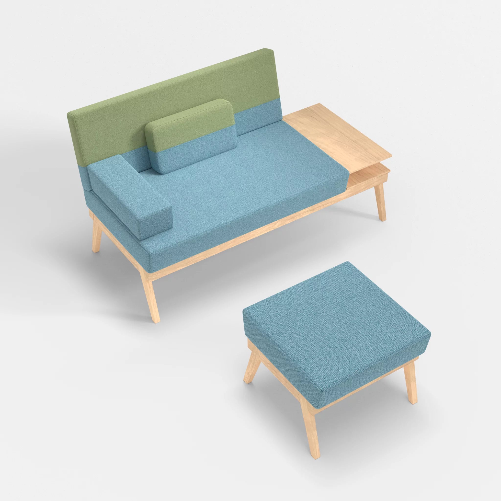 2er Sitzsofa Bauz mit Ablage rechts und Pouf celia0209-celia0213 in Türkis und Hellgrün von oben