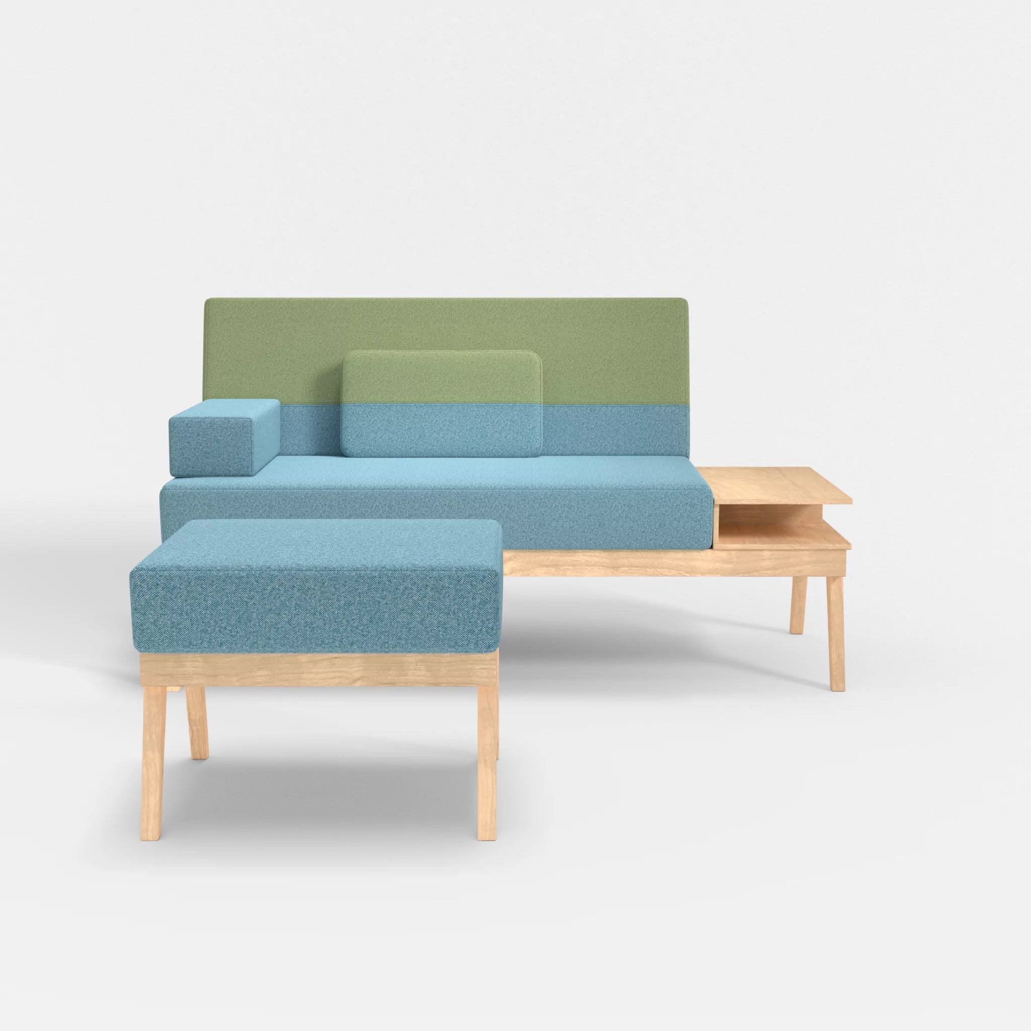 2er Sitzsofa Bauz mit Ablage rechts und Pouf celia0209-celia0213 in Türkis und Hellgrün von vorne