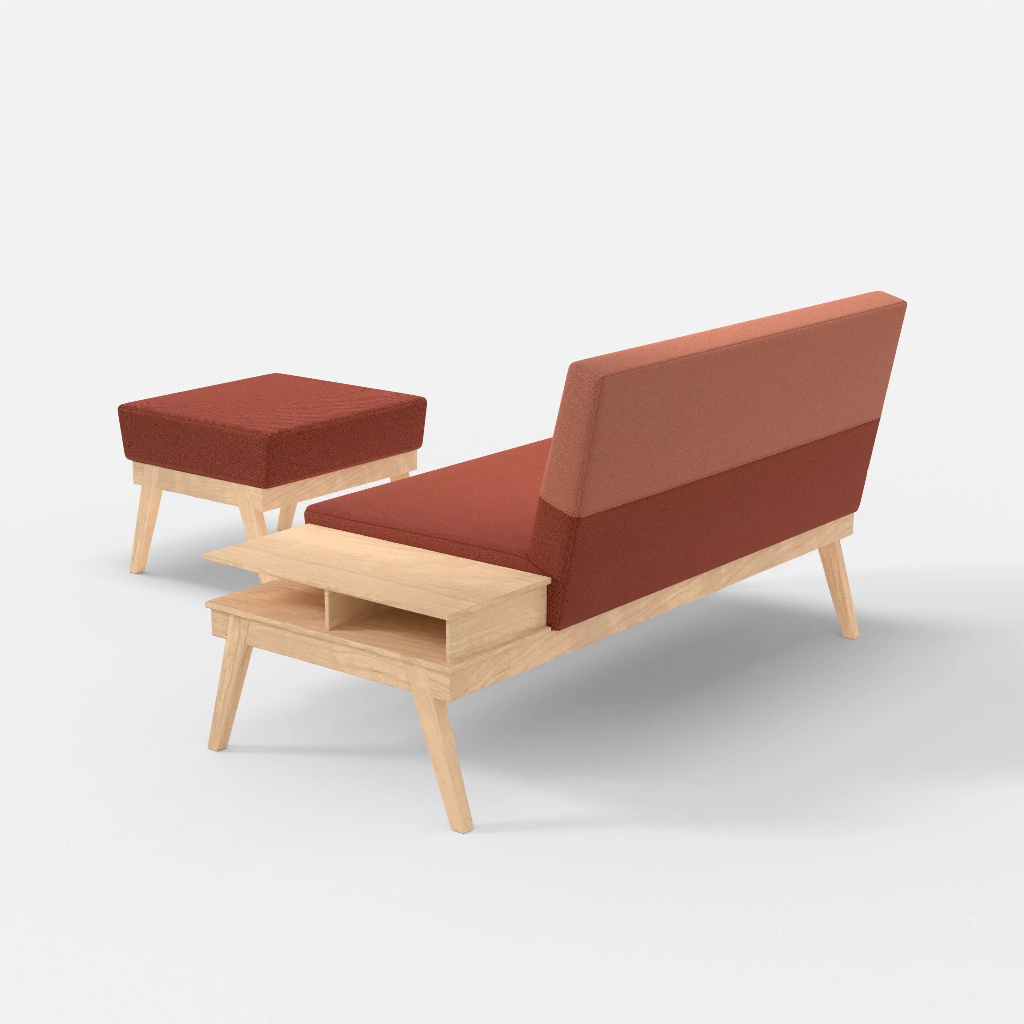 2er Sitzsofa Bauz mit Ablage rechts und Pouf celia0214-celia0217 in Terracotta und Orange von hinten