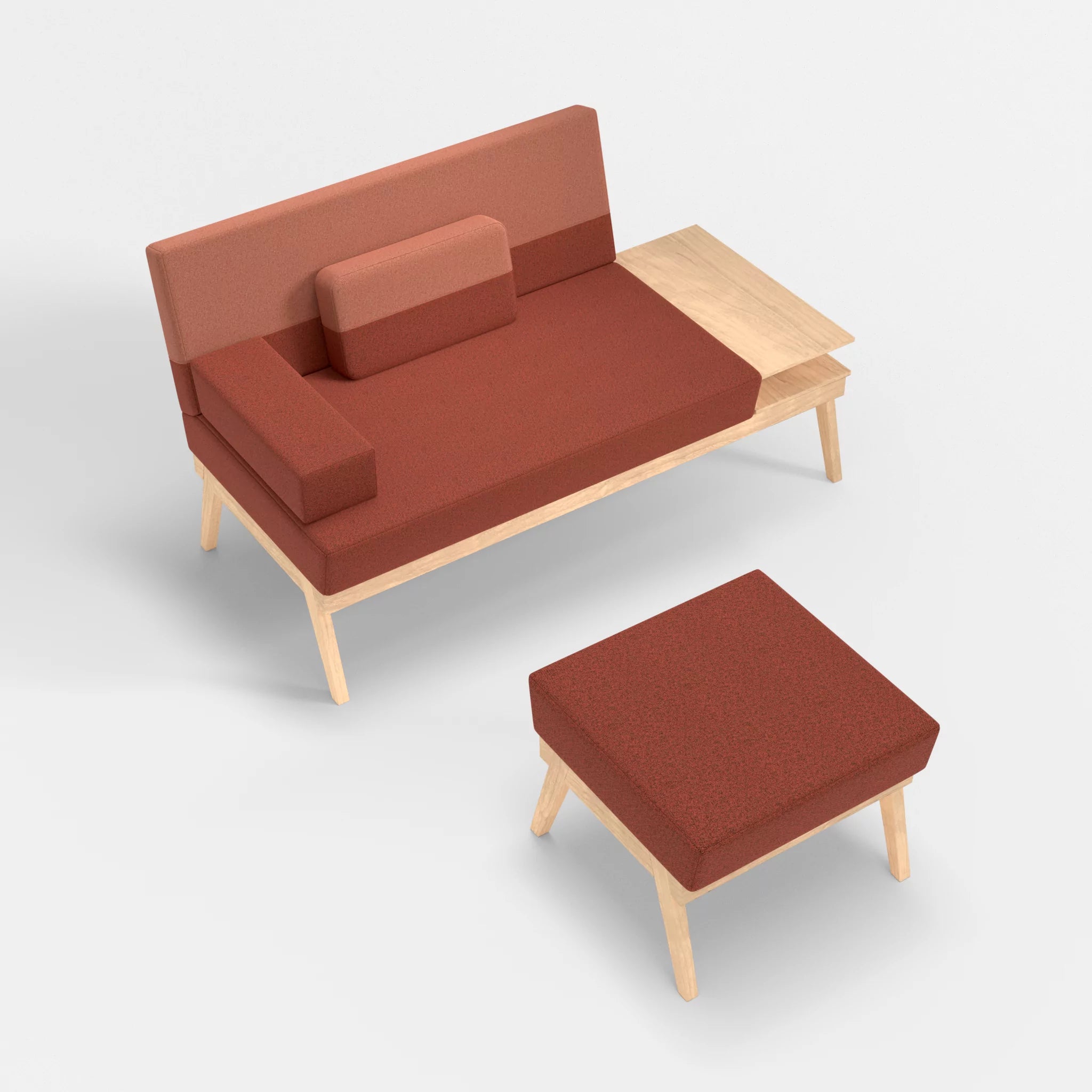 2er Sitzsofa Bauz mit Ablage rechts und Pouf celia0214-celia0217 in Terracotta und Orange von oben
