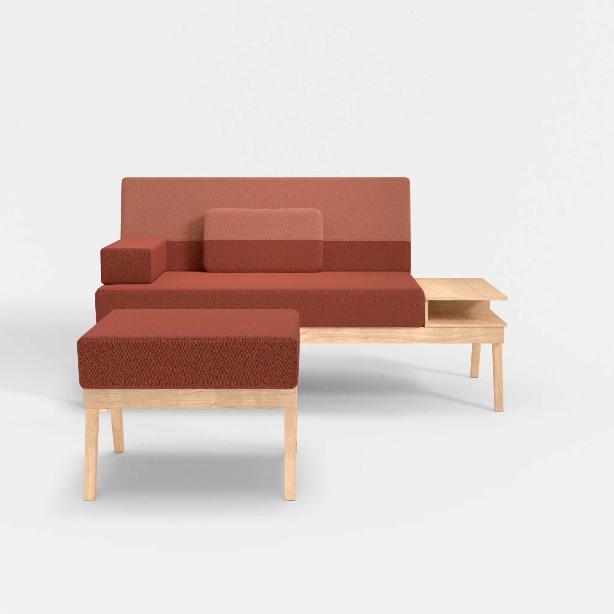 2er Sitzsofa Bauz mit Ablage rechts und Pouf celia0214-celia0217 in Terracotta und Orange von vorne