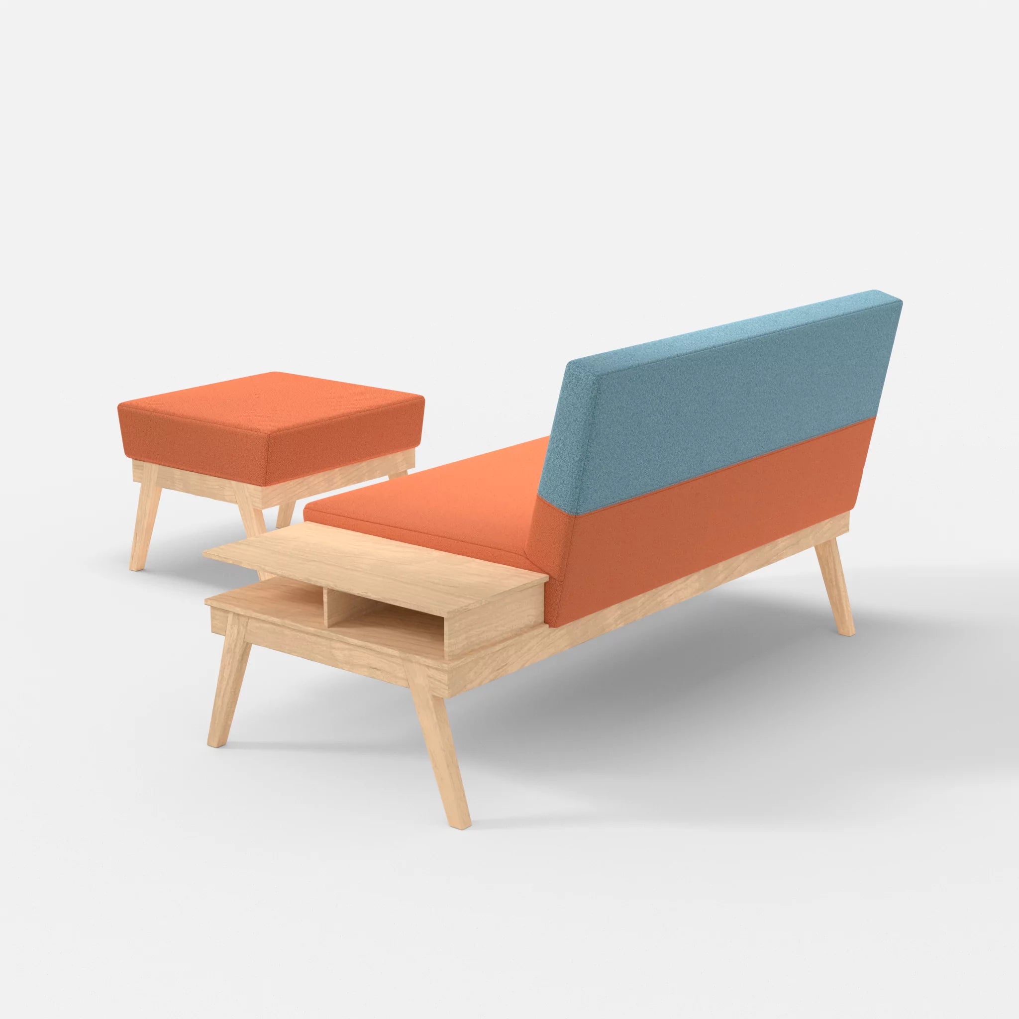 2er Sitzsofa Bauz mit Ablage rechts und Pouf celia0215-celia0209 in Orange und Türkis von hinten