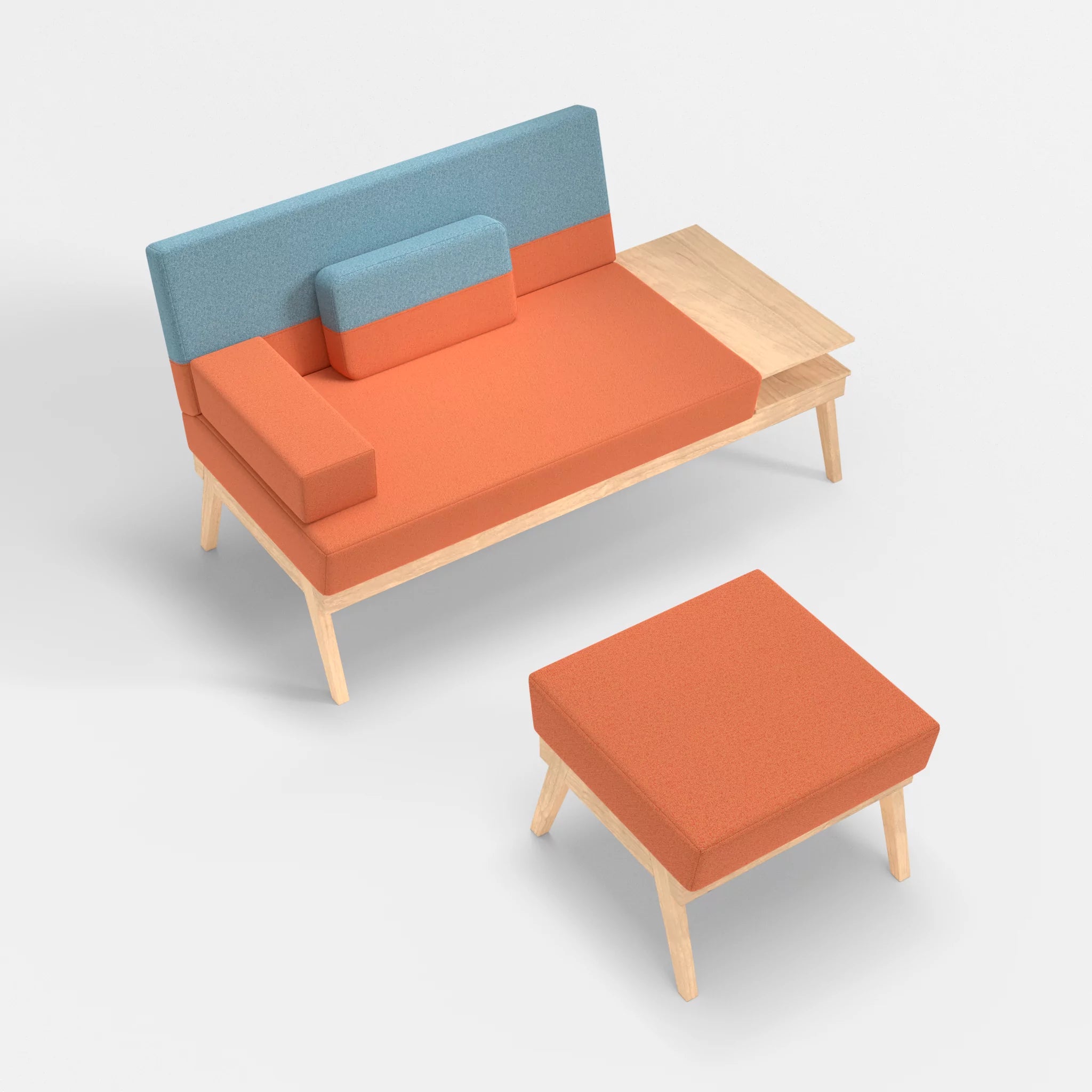 2er Sitzsofa Bauz mit Ablage rechts und Pouf celia0215-celia0209 in Orange und Türkis von oben