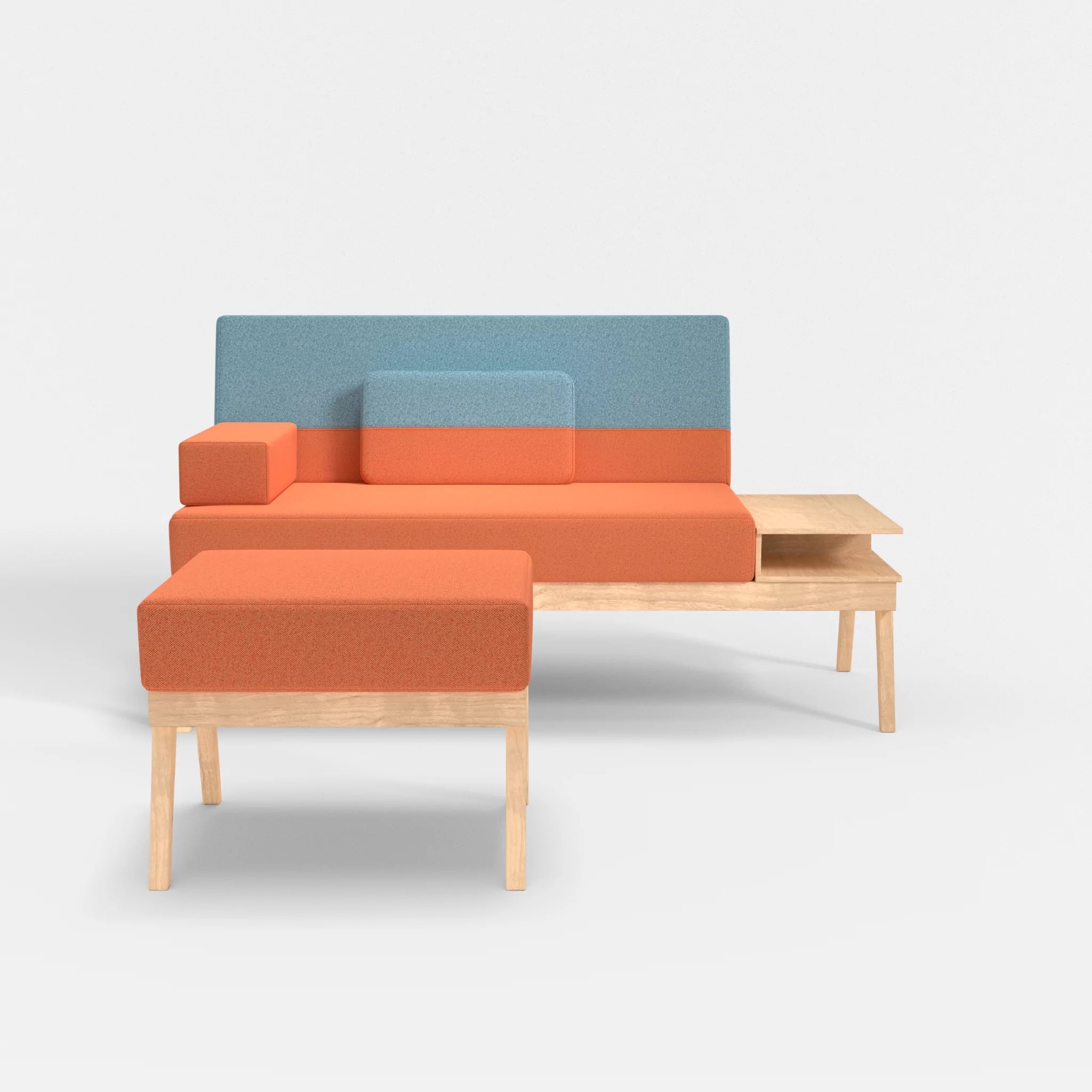 2er Sitzsofa Bauz mit Ablage rechts und Pouf celia0215-celia0209 in Orange und Türkis von vorne