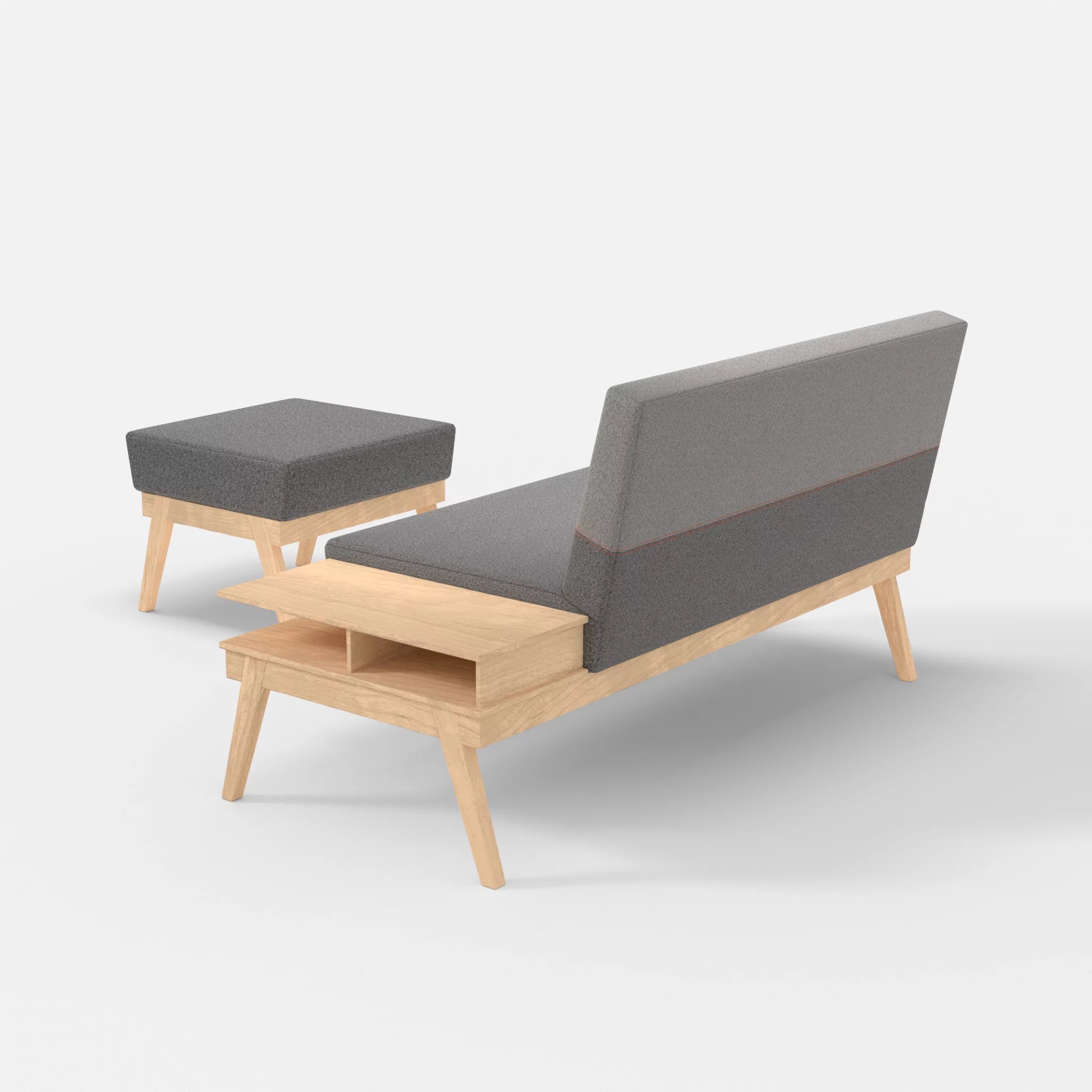 2er Sitzsofa Bauz mit Ablage rechts und Pouf celia0218-celia0208 in Dunkelgrau und Mittelgrau von hinten
