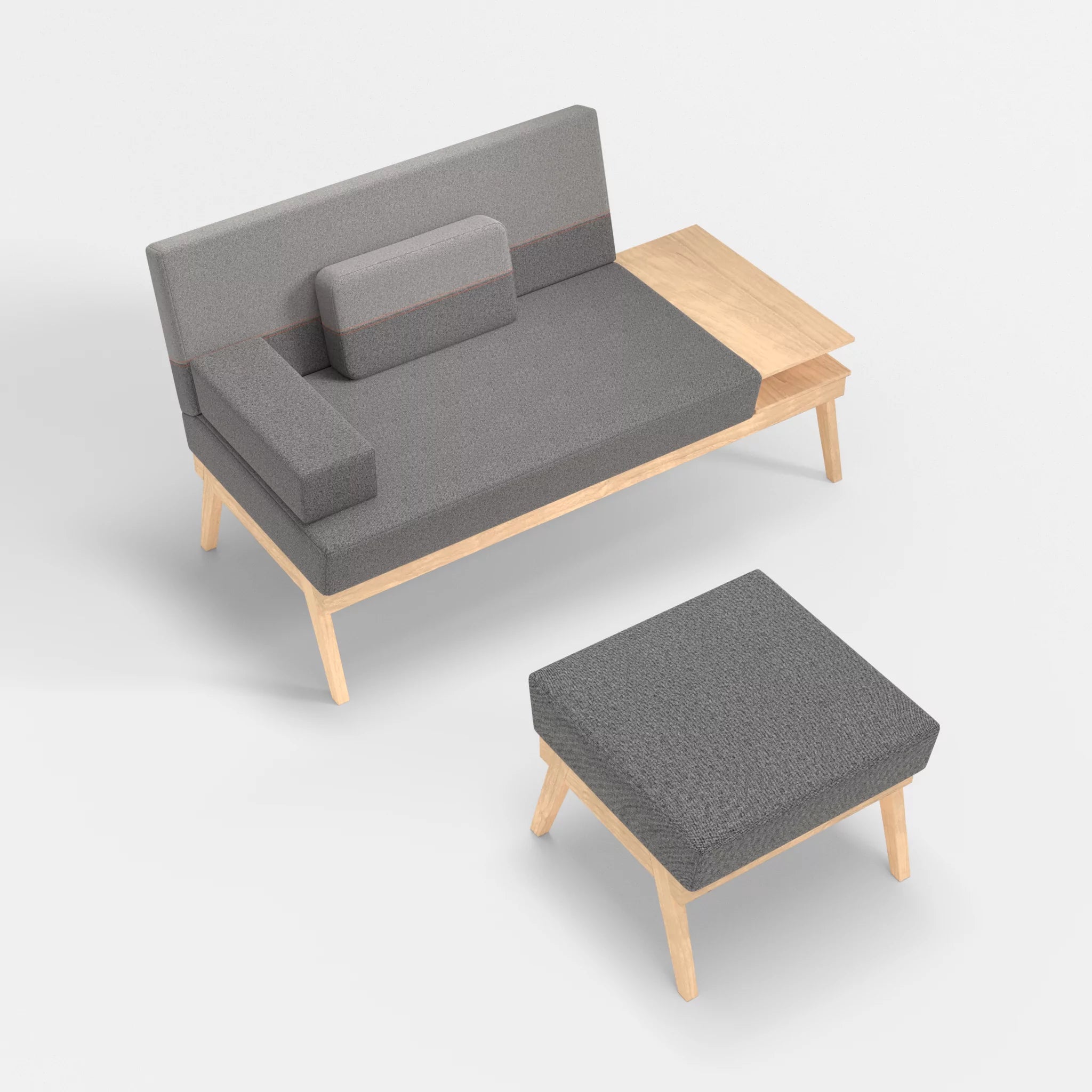 2er Sitzsofa Bauz mit Ablage rechts und Pouf celia0218-celia0208 in Dunkelgrau und Mittelgrau von oben