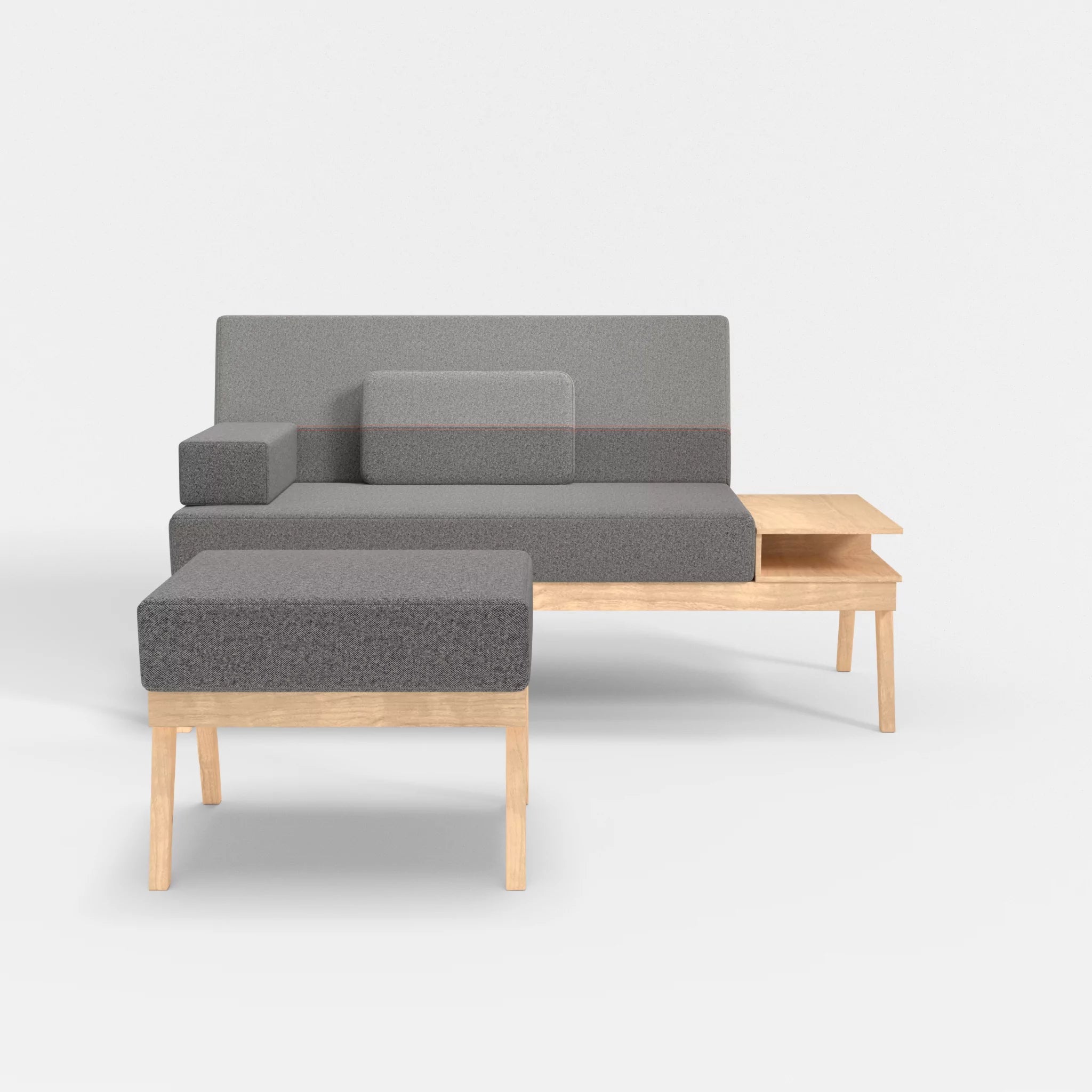 2er Sitzsofa Bauz mit Ablage rechts und Pouf celia0218-celia0208 in Dunkelgrau und Mittelgrau von vorne