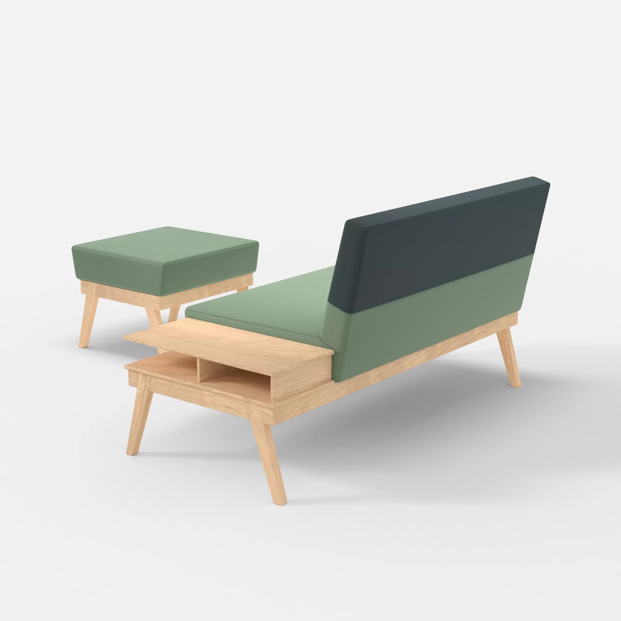 2er Sitzsofa Bauz mit Ablage rechts und Pouf credoaloe-credojaspis in Hellgrün und Türkis von hinten