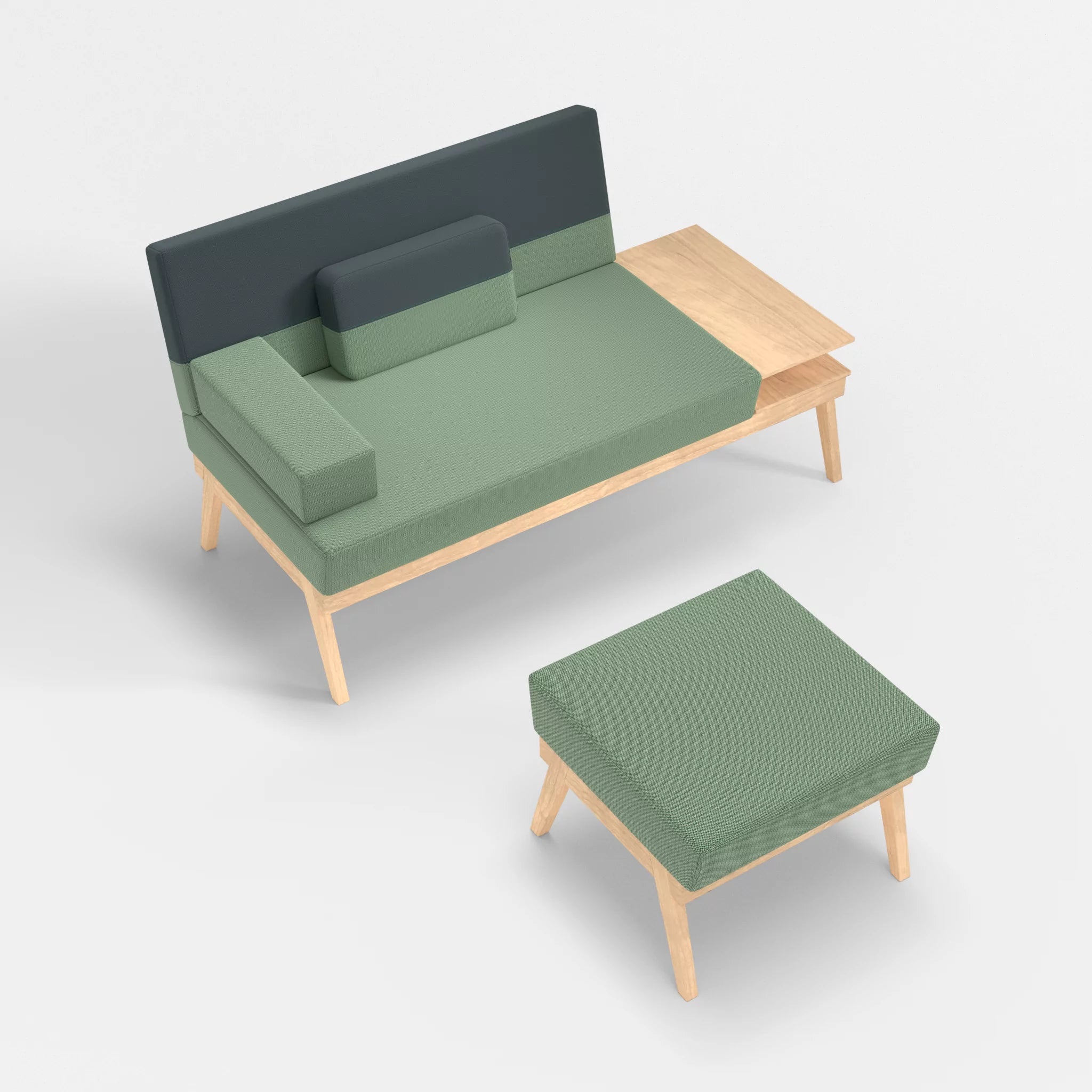 2er Sitzsofa Bauz mit Ablage rechts und Pouf credoaloe-credojaspis in Hellgrün und Türkis von oben