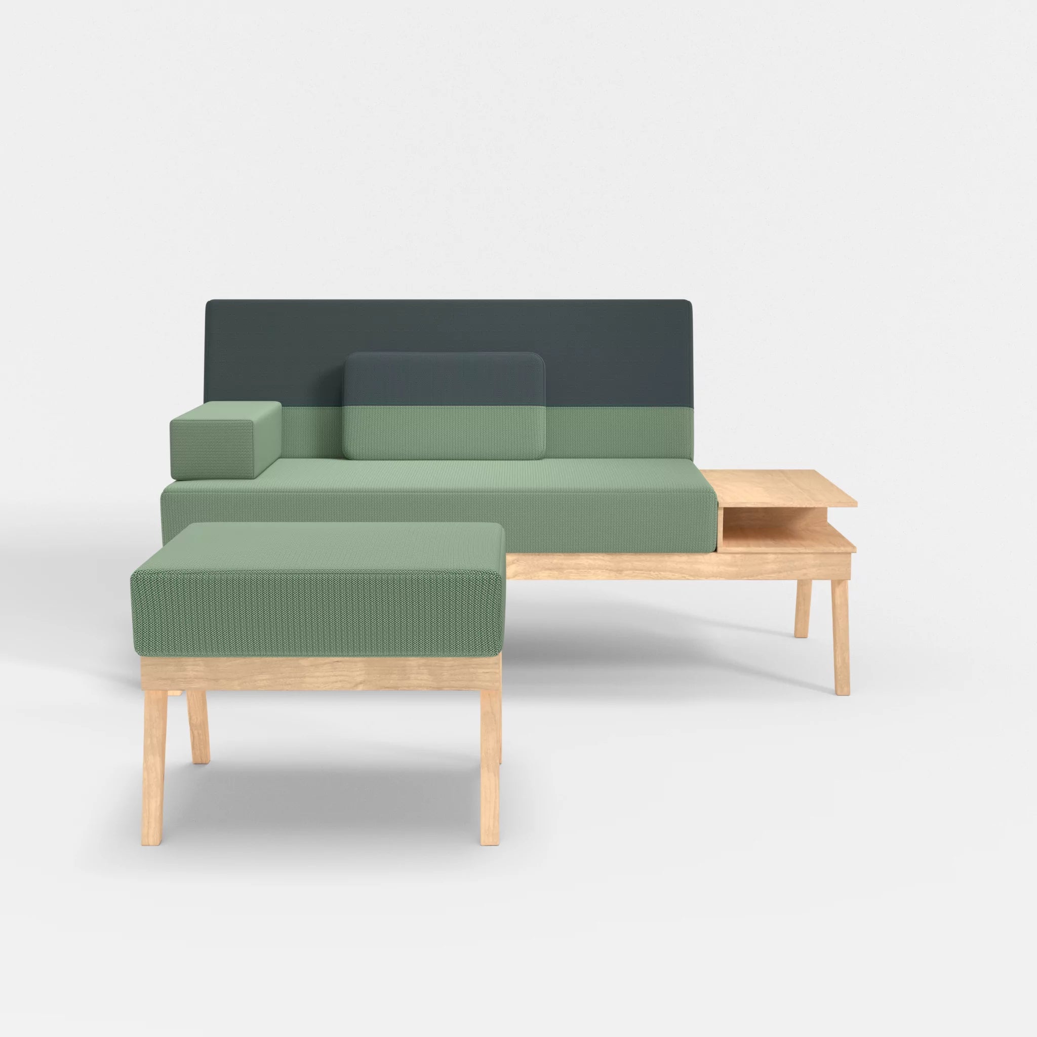 2er Sitzsofa Bauz mit Ablage rechts und Pouf credoaloe-credojaspis in Hellgrün und Türkis von vorne