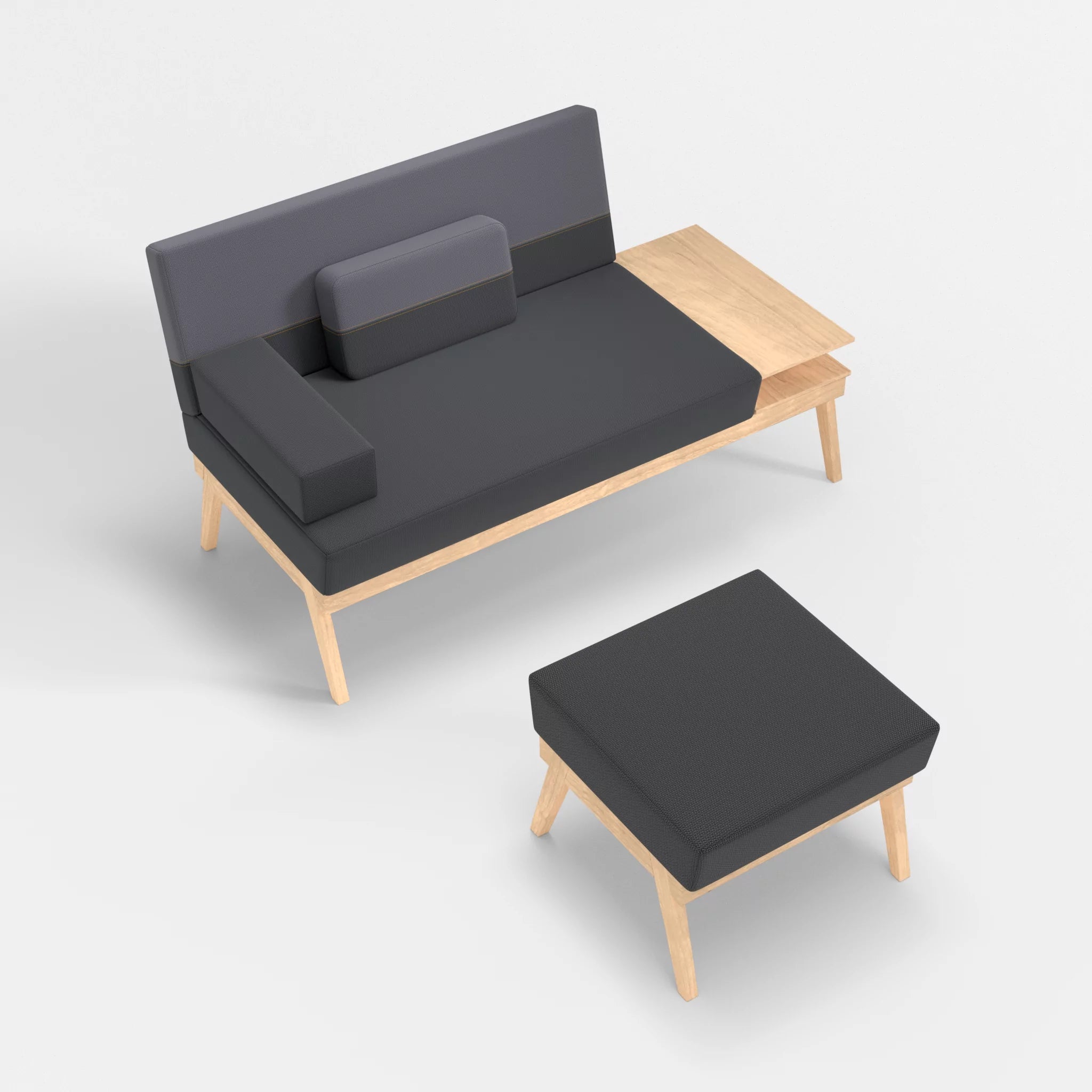 2er Sitzsofa Bauz mit Ablage rechts und Pouf credoasphalt-credocarbon in Anthrazit und Dunkelgrau von oben