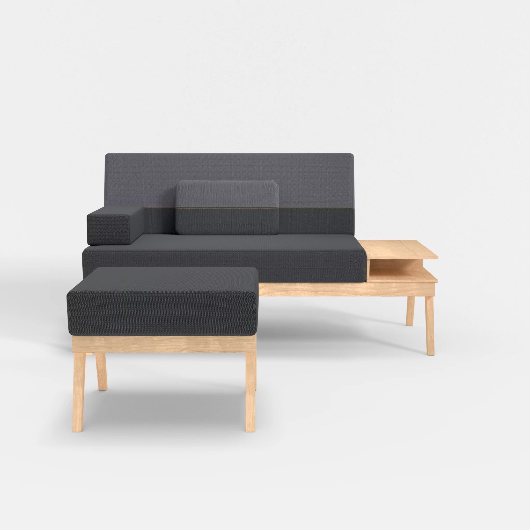 2er Sitzsofa Bauz mit Ablage rechts und Pouf credoasphalt-credocarbon in Anthrazit und Dunkelgrau von vorne