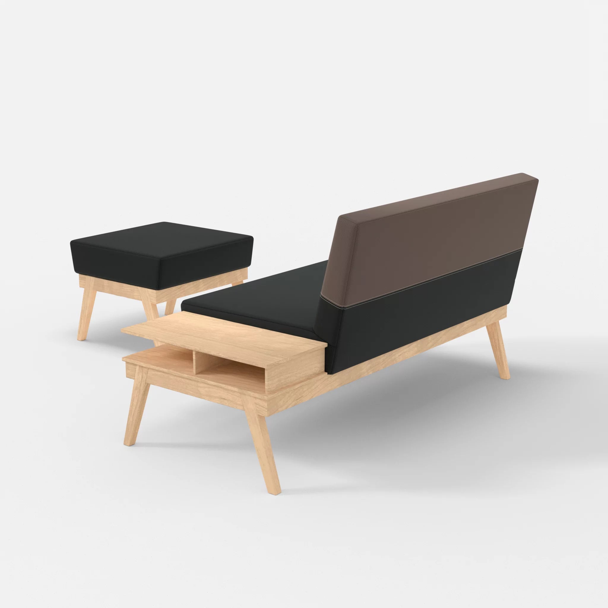 2er Sitzsofa Bauz mit Ablage rechts und Pouf credoblack-credowalnut in Schwarz und Dunkelgrau von hinten
