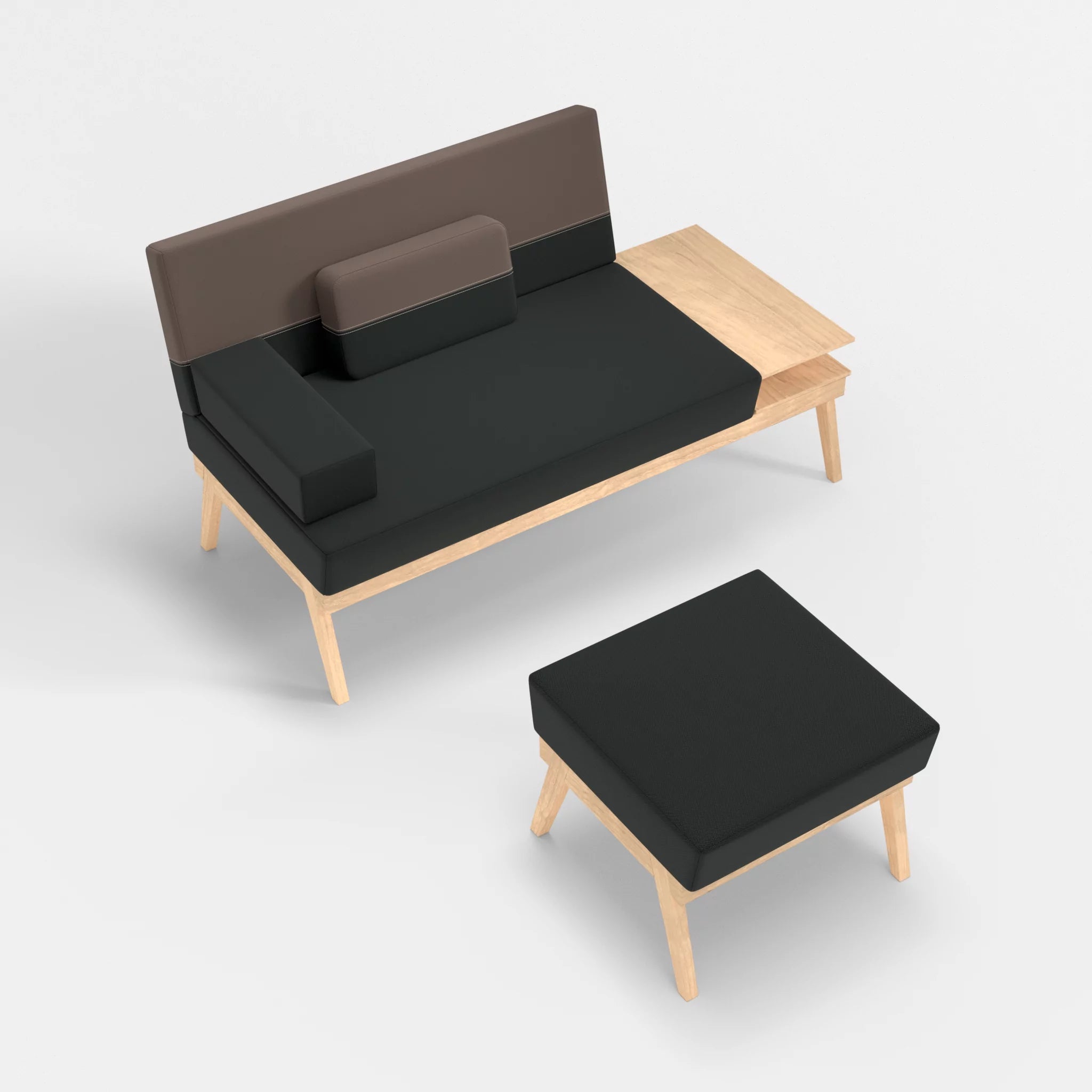 2er Sitzsofa Bauz mit Ablage rechts und Pouf credoblack-credowalnut in Schwarz und Dunkelgrau von oben