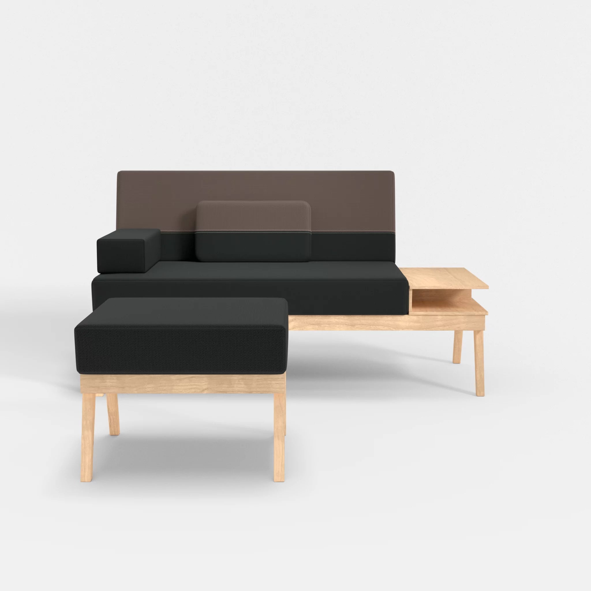 2er Sitzsofa Bauz mit Ablage rechts und Pouf credoblack-credowalnut in Schwarz und Dunkelgrau von vorne