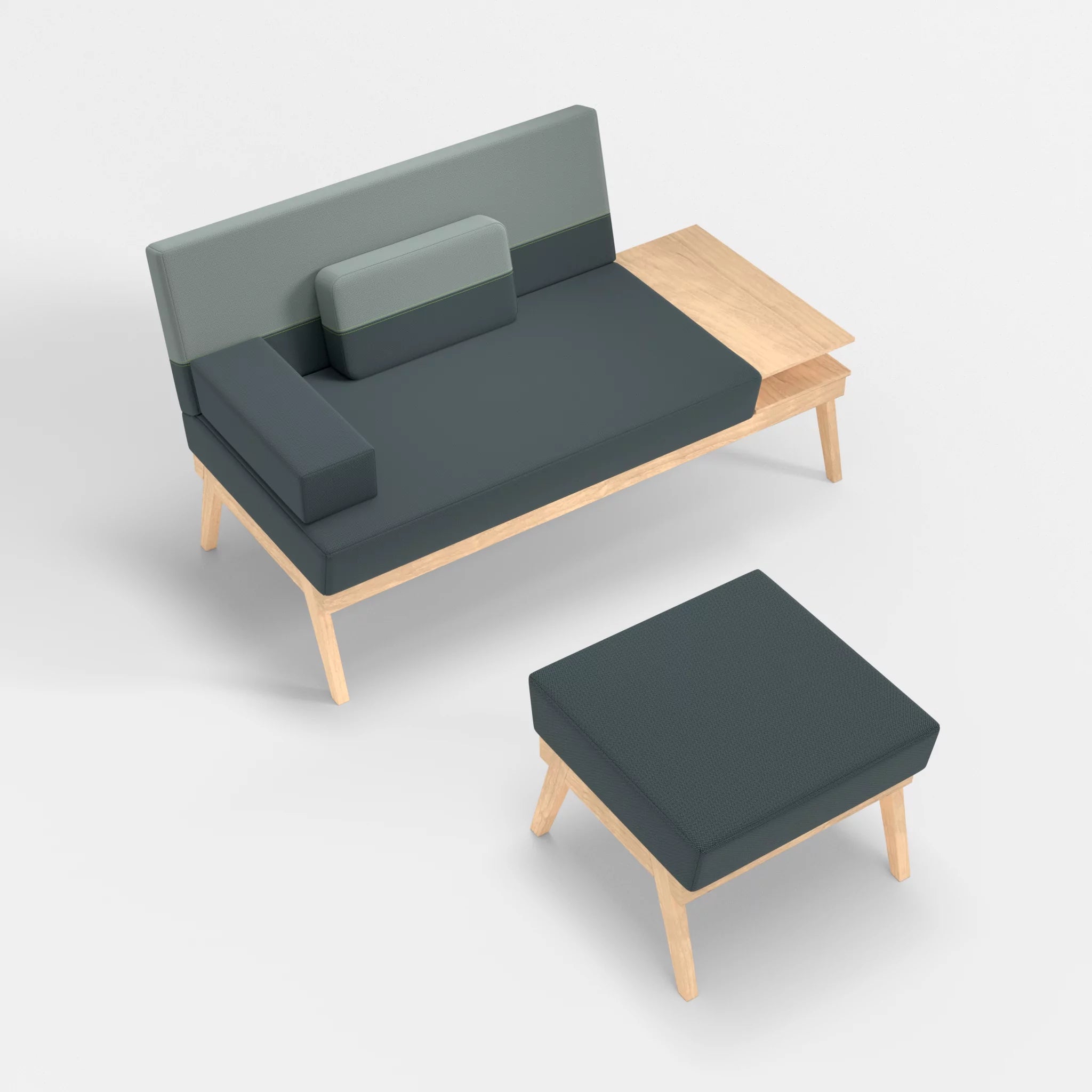 2er Sitzsofa Bauz mit Ablage rechts und Pouf credojaspis-credolake in Türkis und Graublau von oben