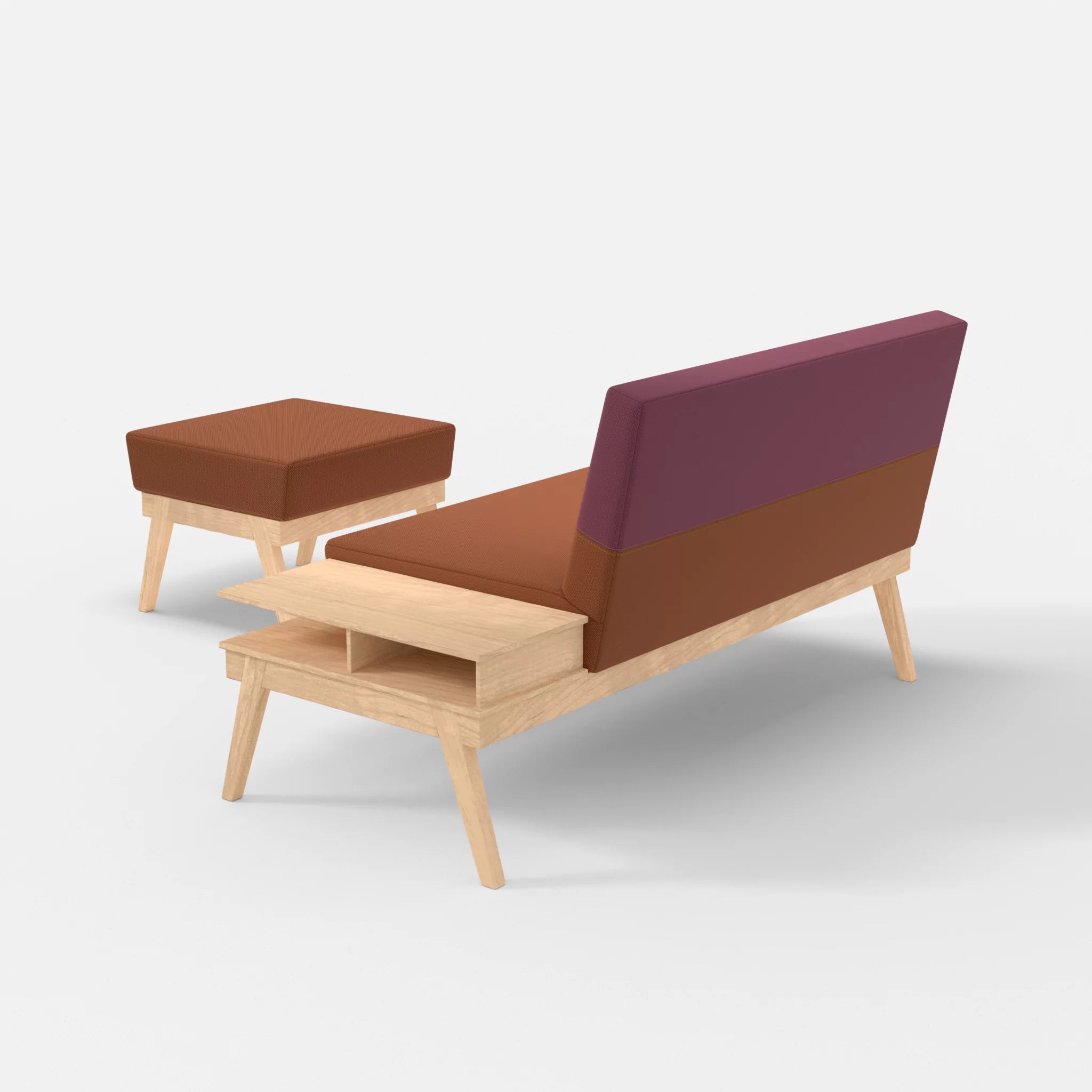 2er Sitzsofa Bauz mit Ablage rechts und Pouf credokupfer-credobreva in Braun und Violett von hinten
