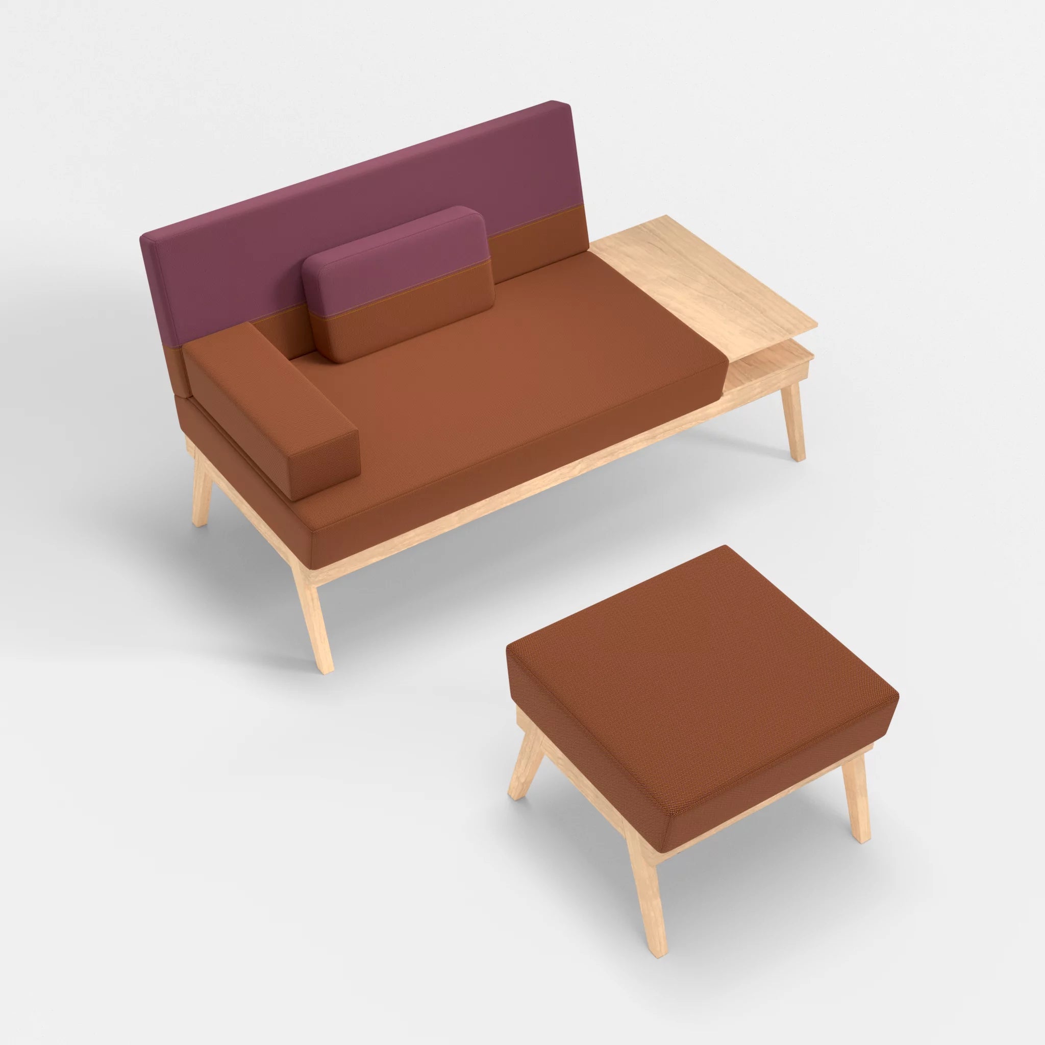 2er Sitzsofa Bauz mit Ablage rechts und Pouf credokupfer-credobreva in Braun und Violett von oben