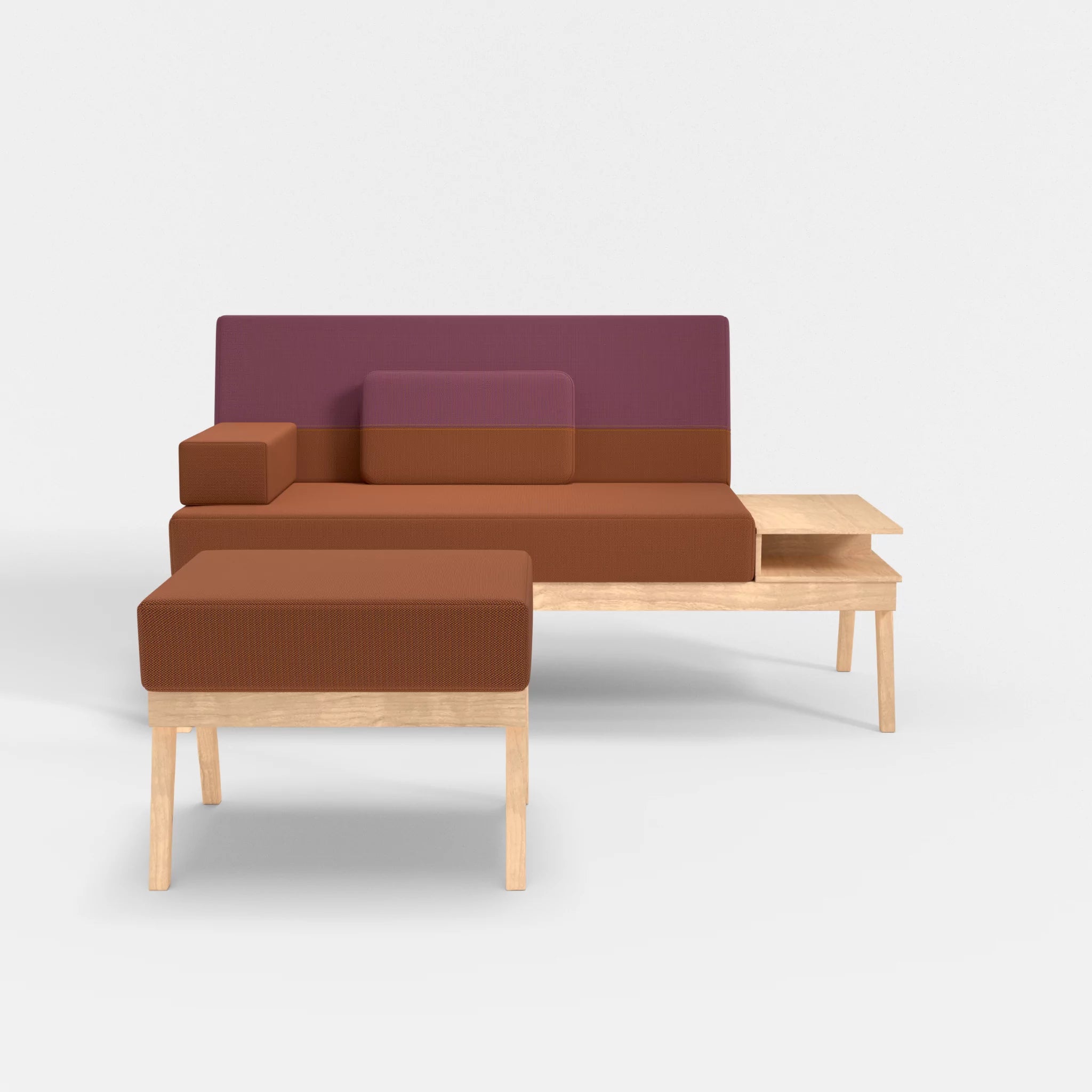 2er Sitzsofa Bauz mit Ablage rechts und Pouf credokupfer-credobreva in Braun und Violett von vorne