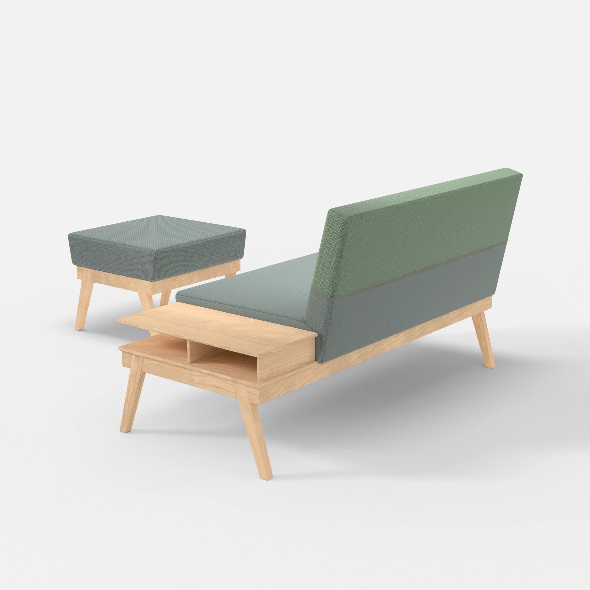 2er Sitzsofa Bauz mit Ablage rechts und Pouf credolake-credoaloe in Graublau und Hellgrün von hinten