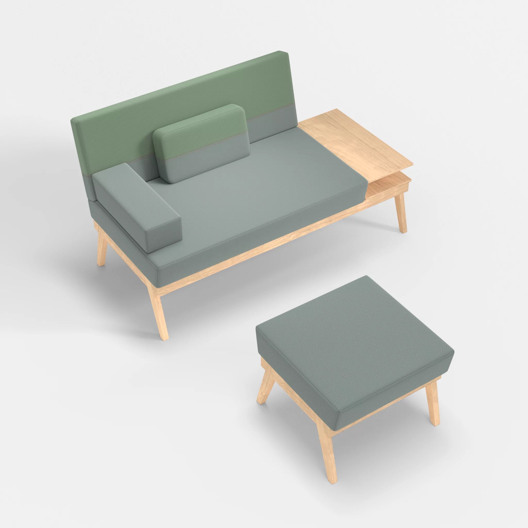 2er Sitzsofa Bauz mit Ablage rechts und Pouf credolake-credoaloe in Graublau und Hellgrün von oben