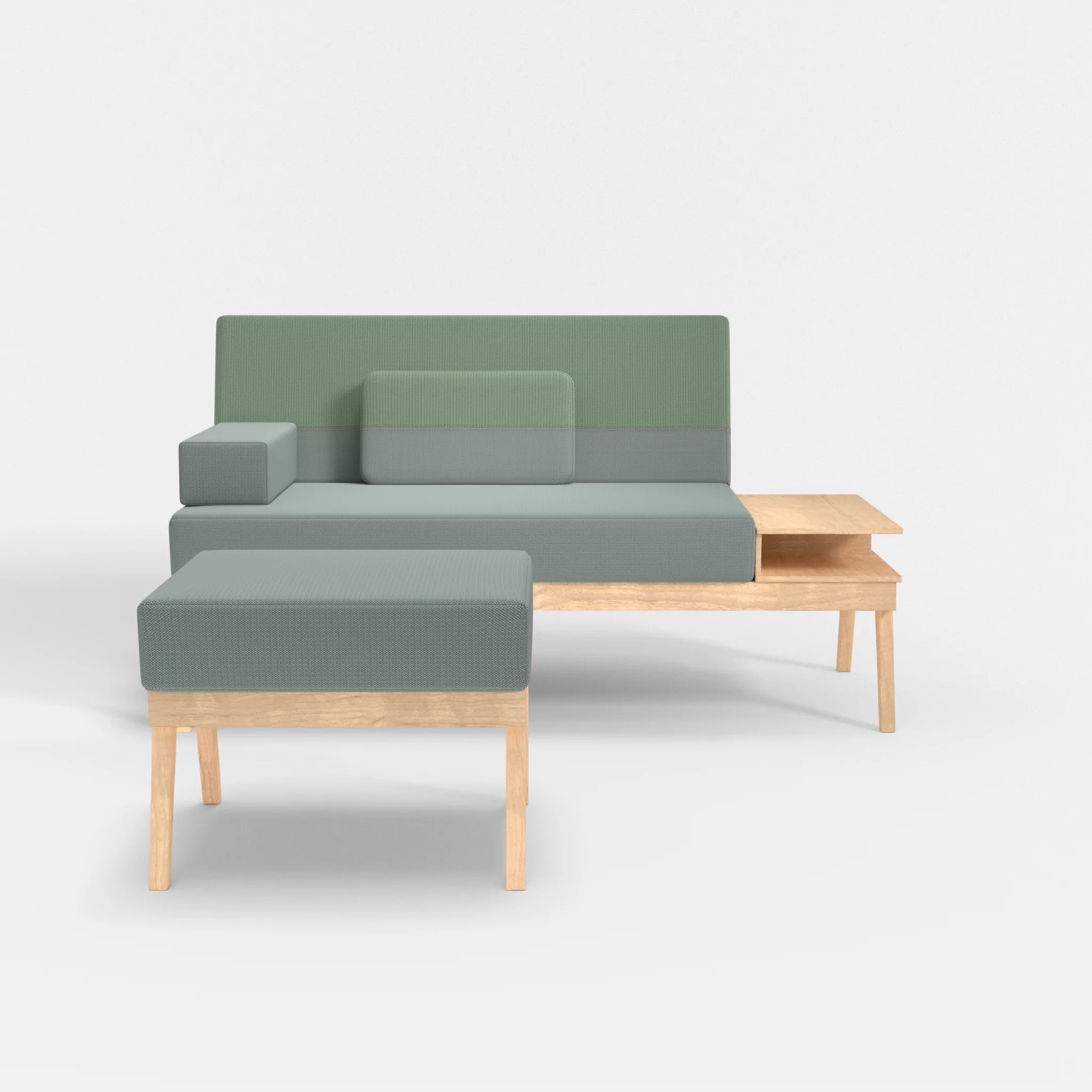 2er Sitzsofa Bauz mit Ablage rechts und Pouf credolake-credoaloe in Graublau und Hellgrün von vorne
