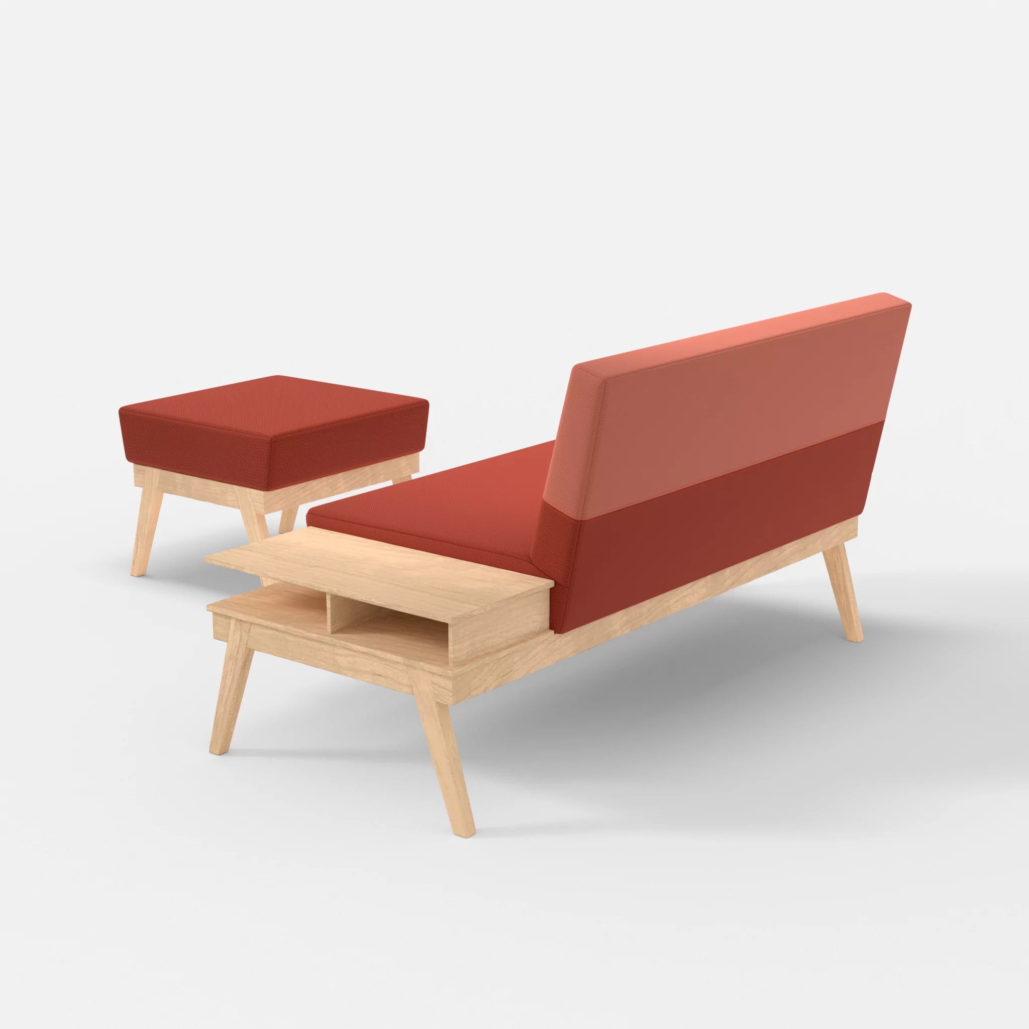 2er Sitzsofa Bauz mit Ablage rechts und Pouf credolampion-credograpefruit in Rot und Coral von hinten