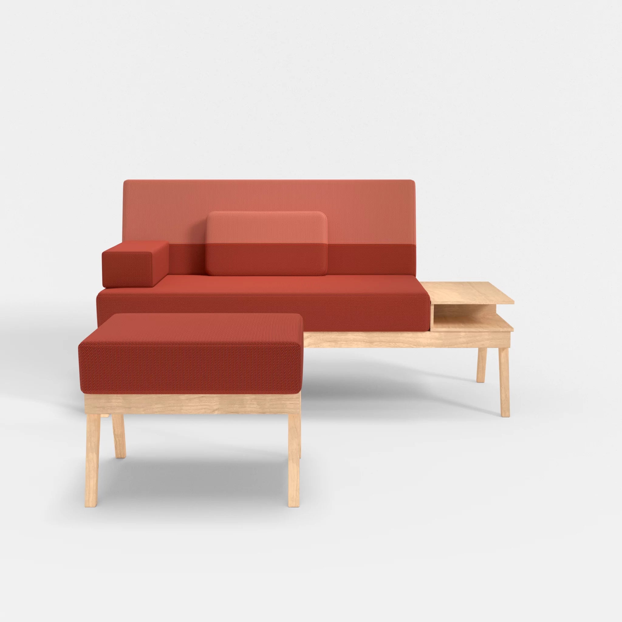 2er Sitzsofa Bauz mit Ablage rechts und Pouf credolampion-credograpefruit in Rot und Coral von vorne