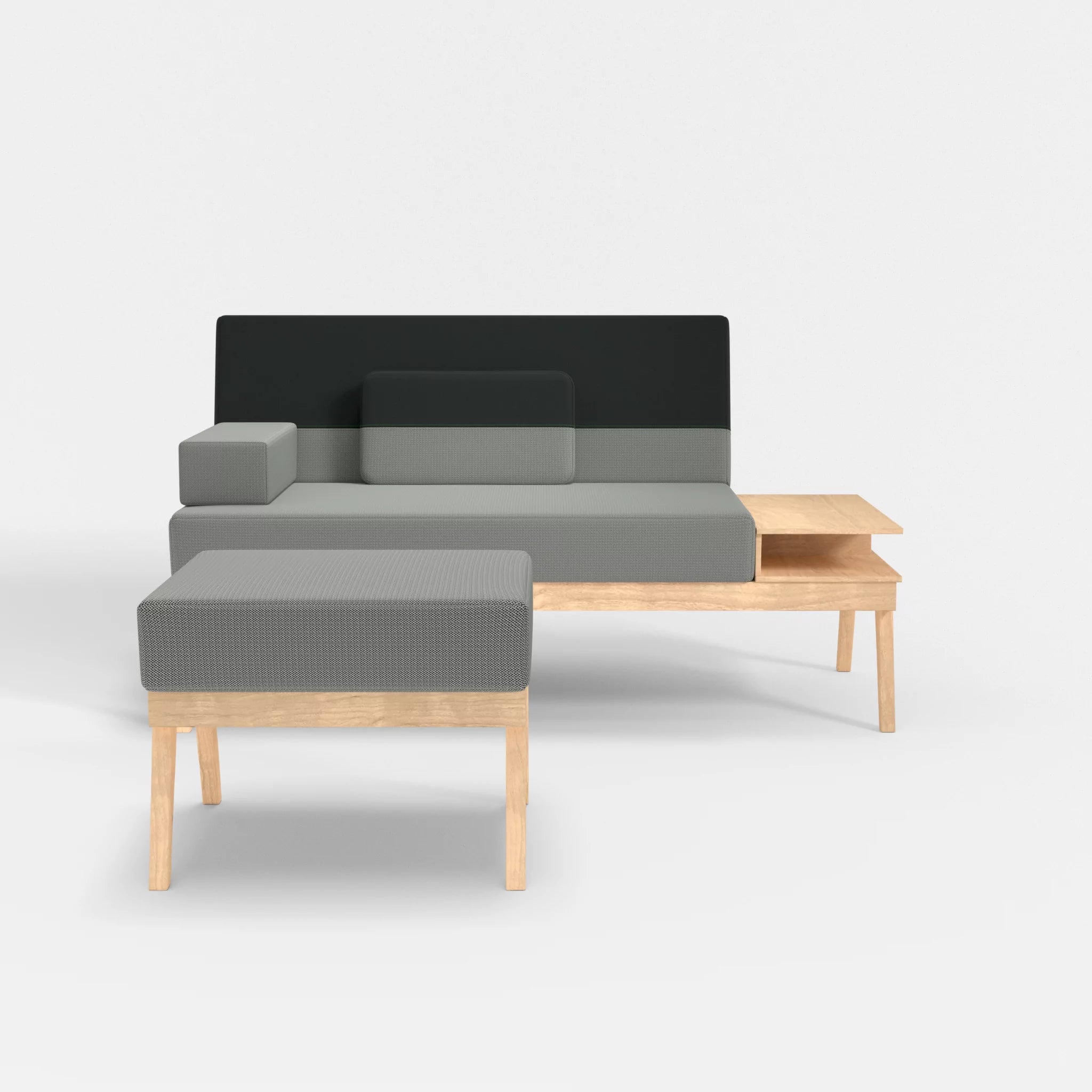 2er Sitzsofa Bauz mit Ablage rechts und Pouf credopepper-credoblack in Dunkelgrau und Schwarz von vorne