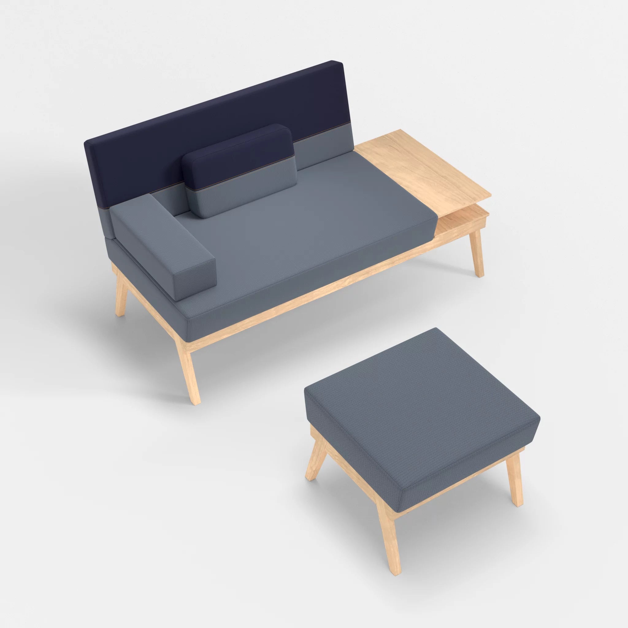 2er Sitzsofa Bauz mit Ablage rechts und Pouf credosea-credonavy in Blau und Navy von oben