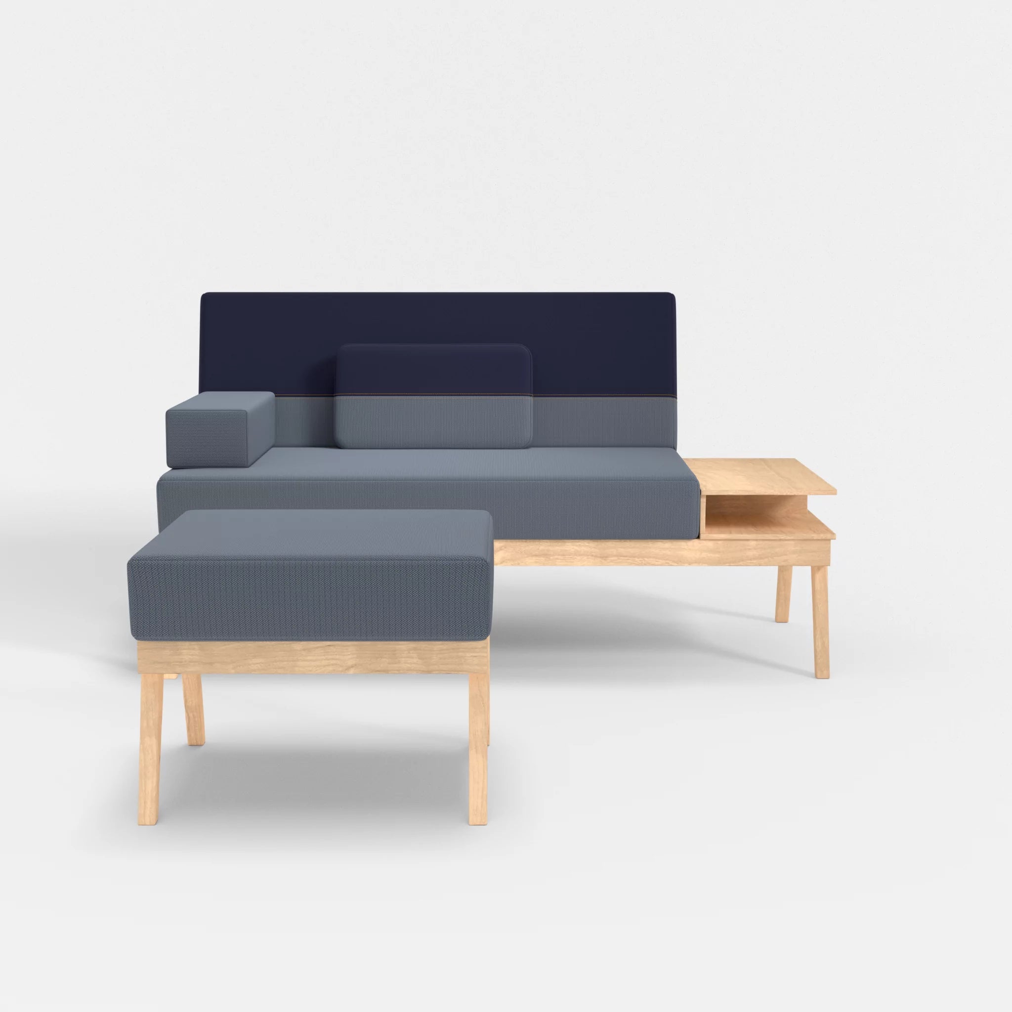 2er Sitzsofa Bauz mit Ablage rechts und Pouf credosea-credonavy in Blau und Navy von vorne