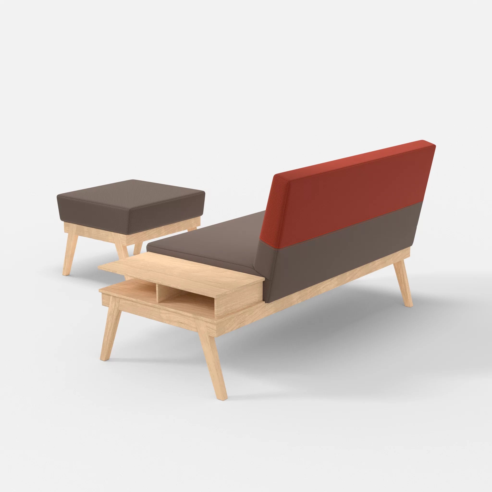 2er Sitzsofa Bauz mit Ablage rechts und Pouf credowalnut-credolampion in Dunkelgrau und Rot von hinten