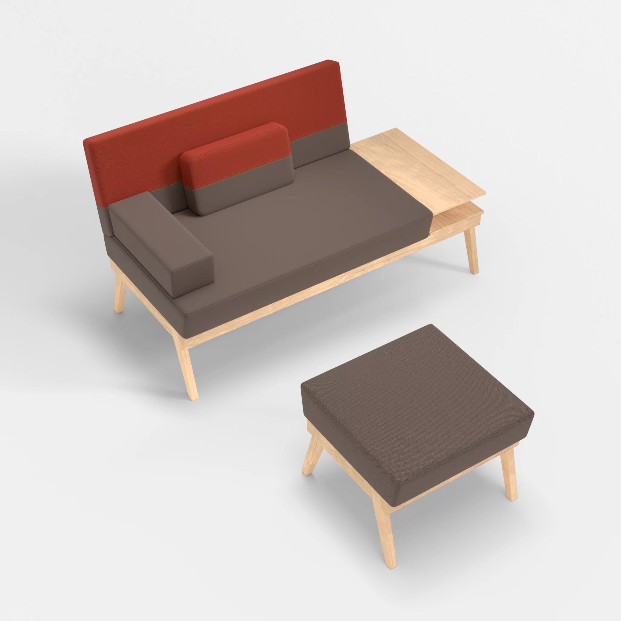2er Sitzsofa Bauz mit Ablage rechts und Pouf credowalnut-credolampion in Dunkelgrau und Rot von oben