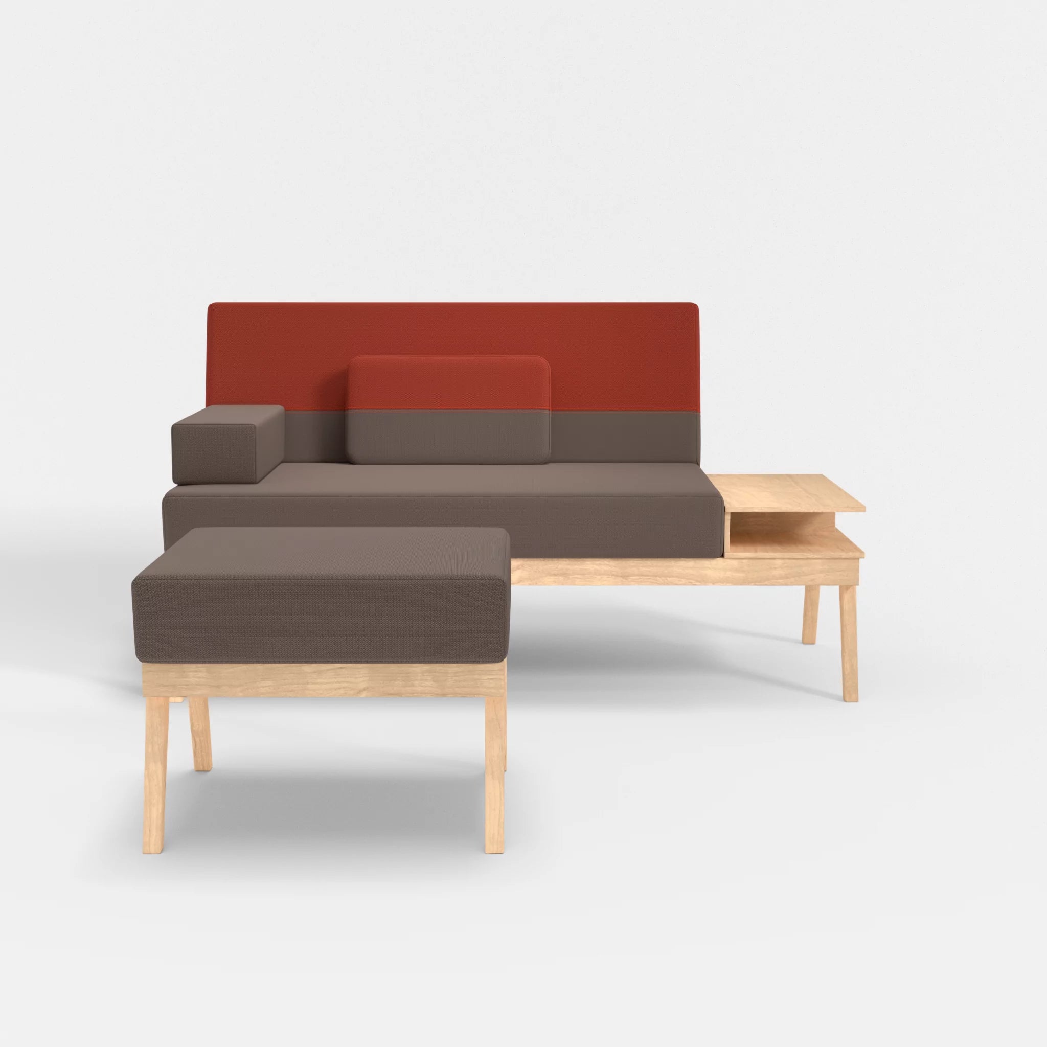 2er Sitzsofa Bauz mit Ablage rechts und Pouf credowalnut-credolampion in Dunkelgrau und Rot von vorne