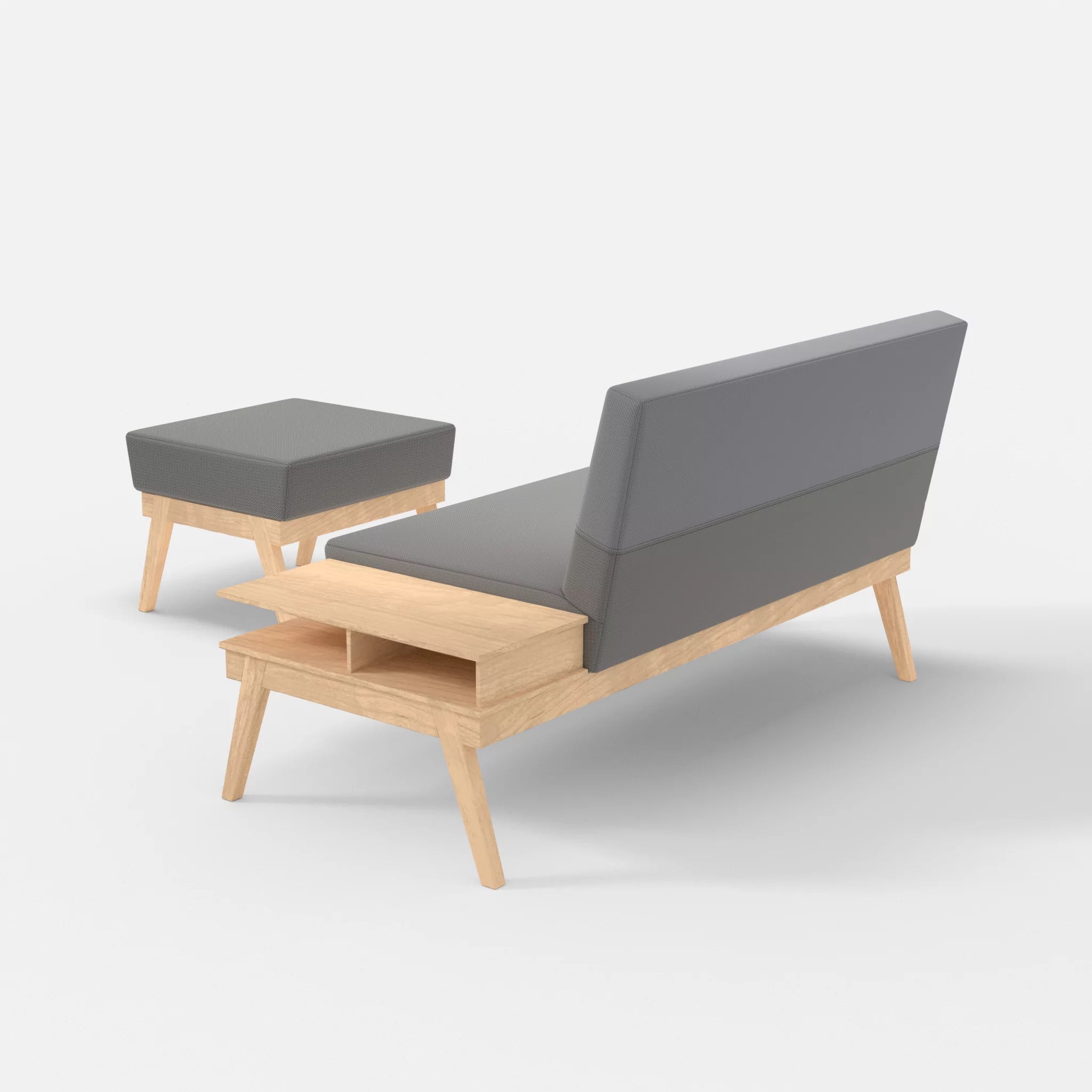 2er Sitzsofa Bauz mit Ablage rechts und Pouf credozinn-credochalk in Mittelgrau und Hellgrau von hinten