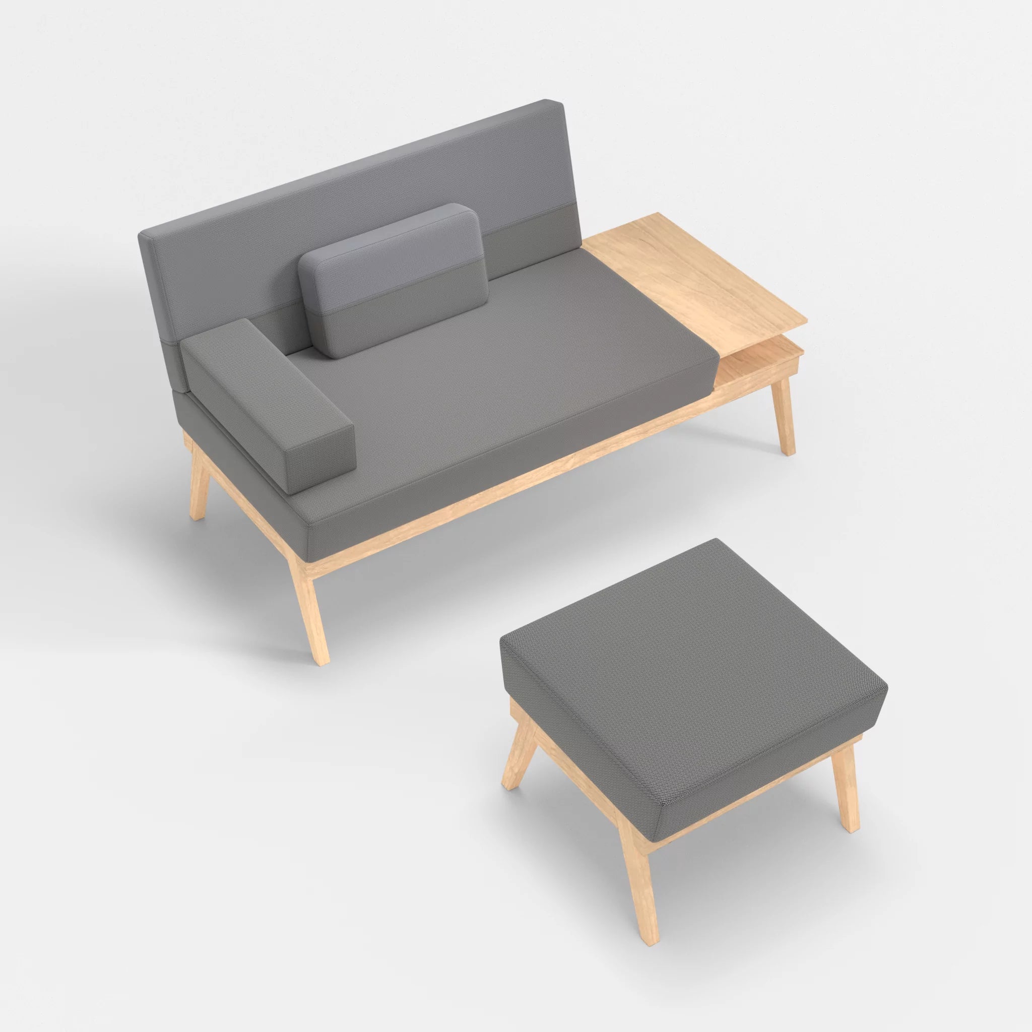 2er Sitzsofa Bauz mit Ablage rechts und Pouf credozinn-credochalk in Mittelgrau und Hellgrau von oben